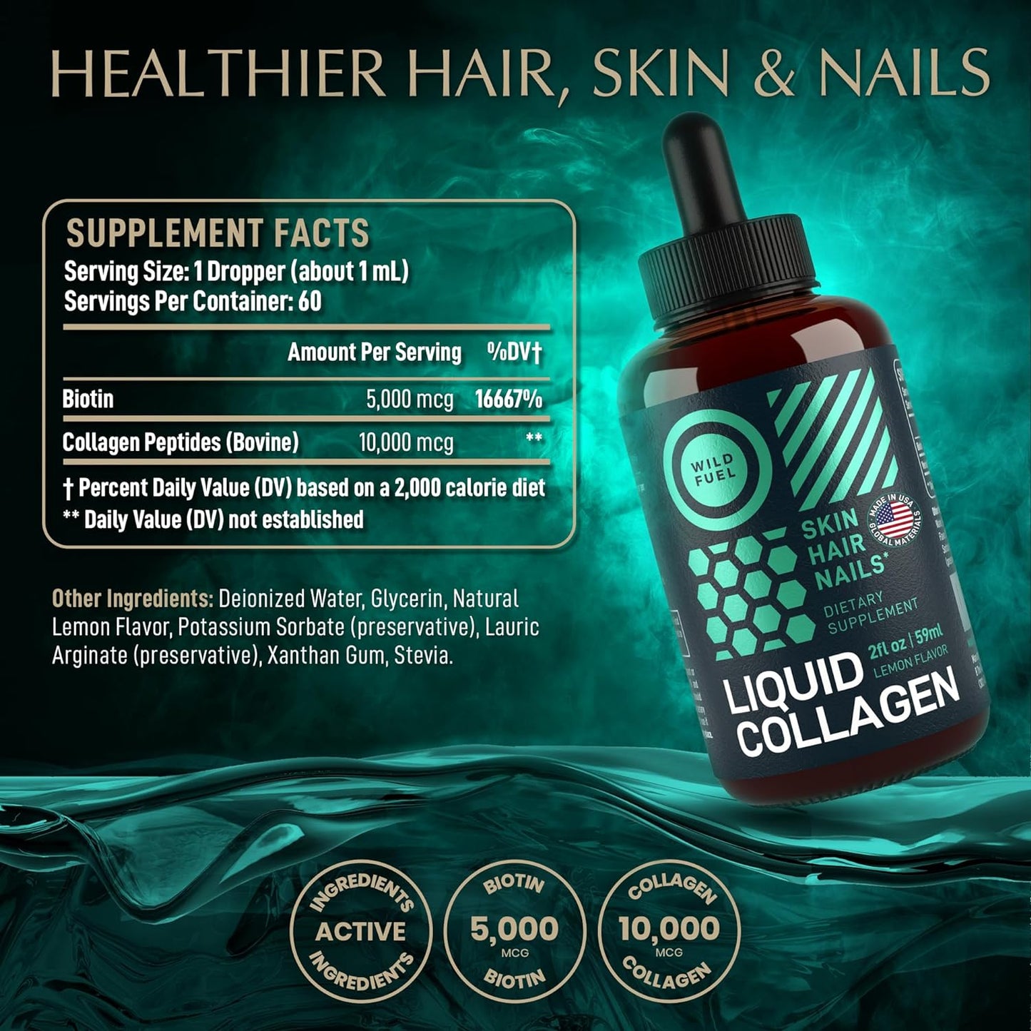 Liquid Collagen Peptides with Biotin Vitamins for Hair Skin and Nails - 2 fl oz