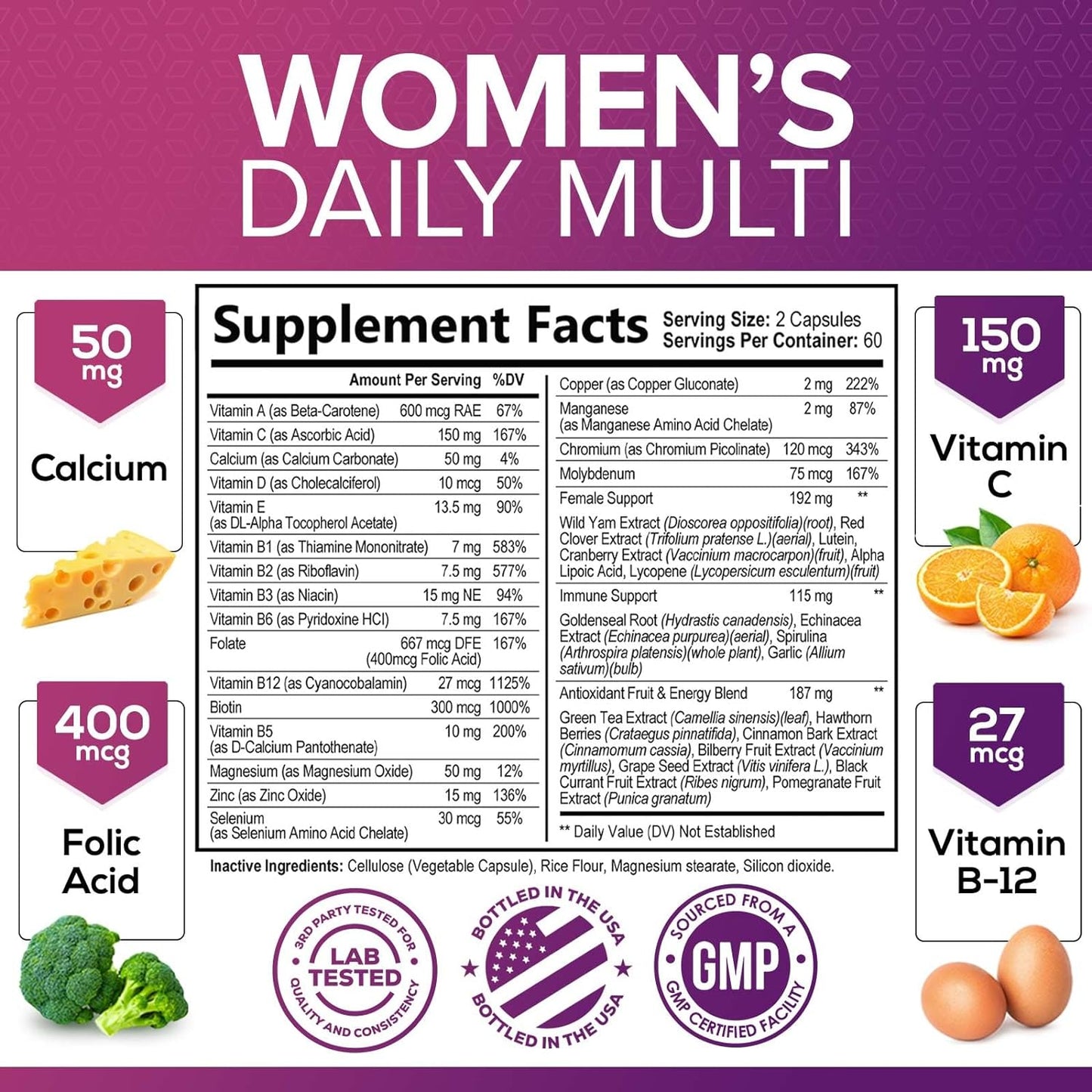 Womens Multivitamin - Daily Vitamins for Women with Vitamin A, C, D, E, B6, B12 & Zinc - 120 Capsules