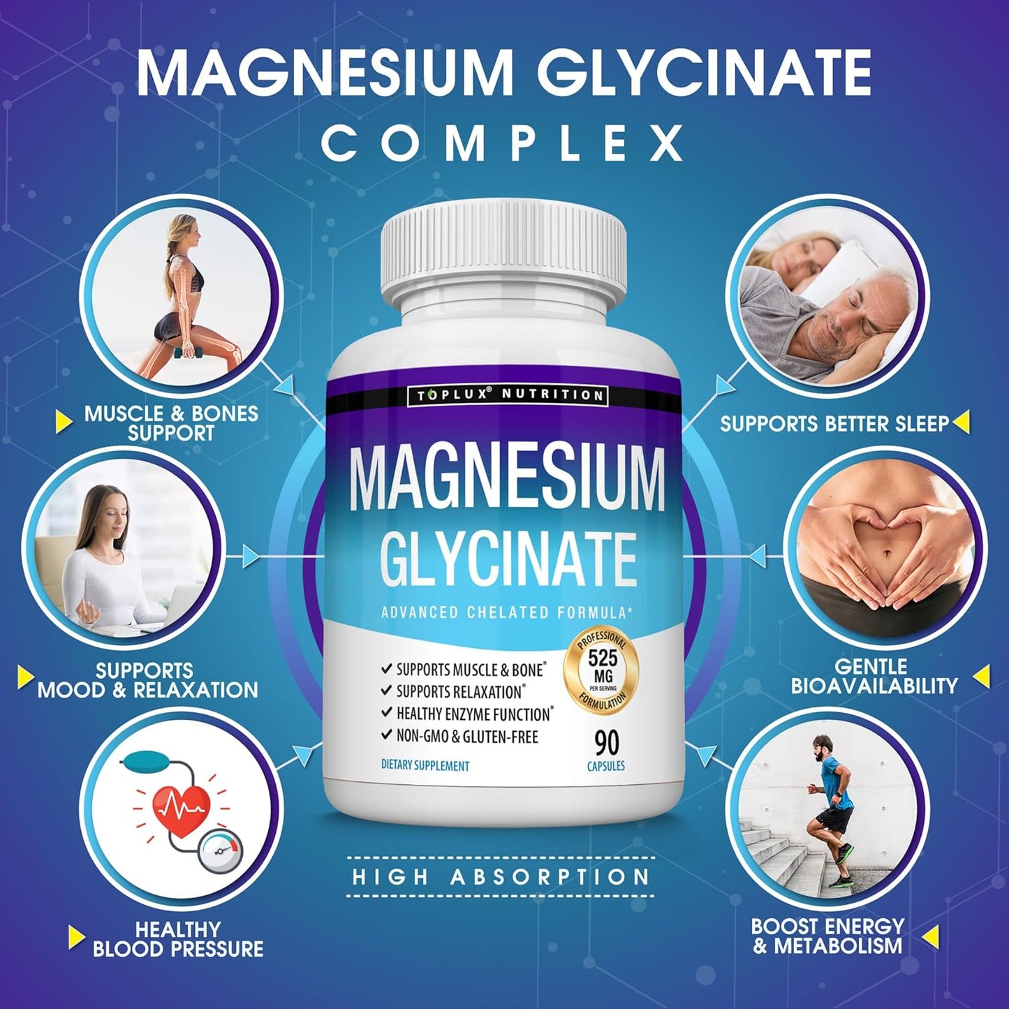 Magnesium Glycinate  Complex - High Absorption Magnesium  90 Capsules