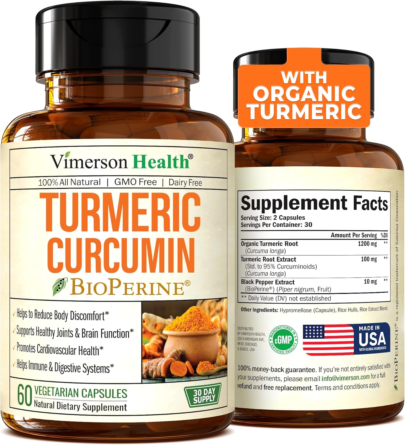 Turmeric Curcumin with Black Pepper Extract (Bioperine) & Organic Tumeric Joint Support -60 capsules Supplement.