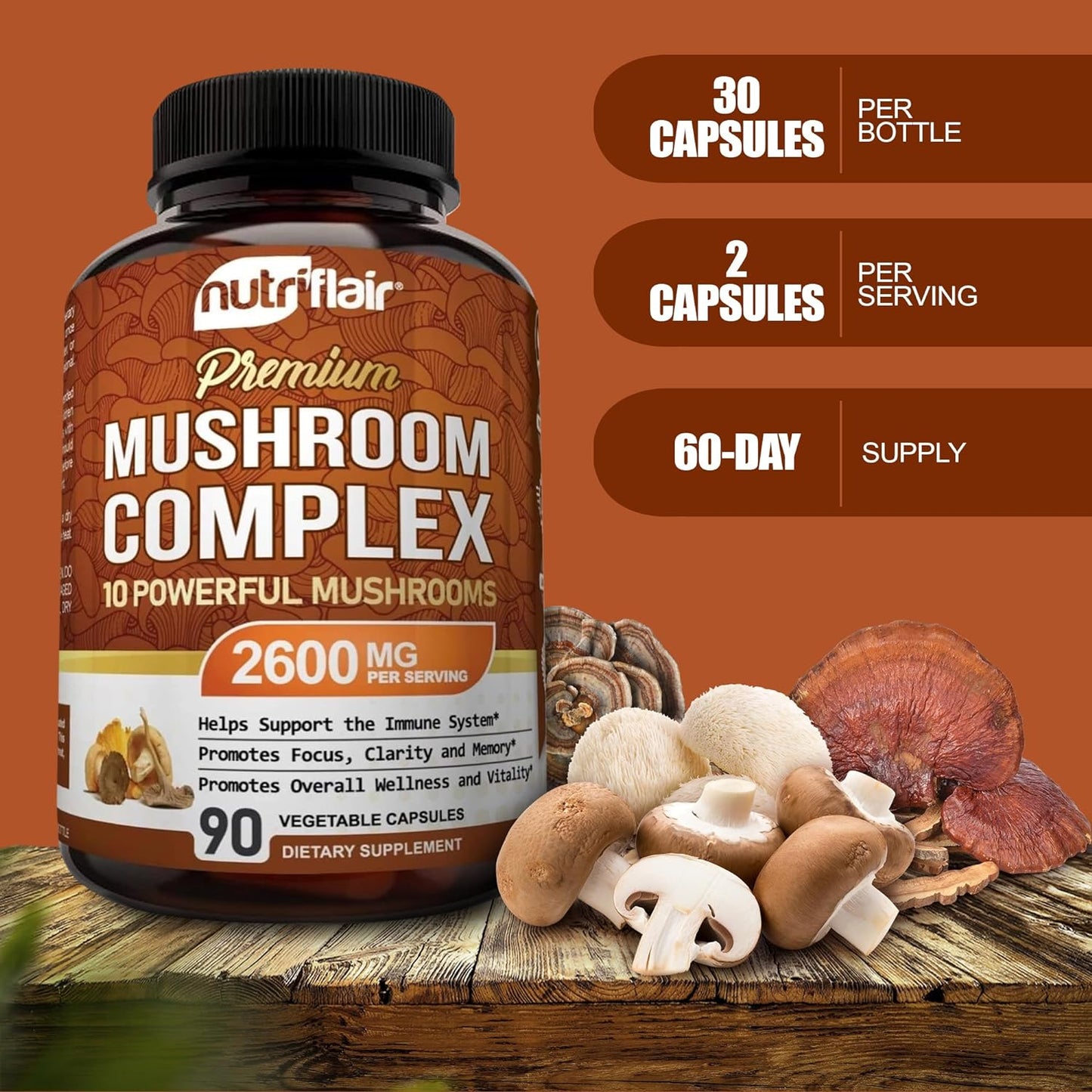 NutriFlair Mushroom Supplement 2600mg, 90 Capsules