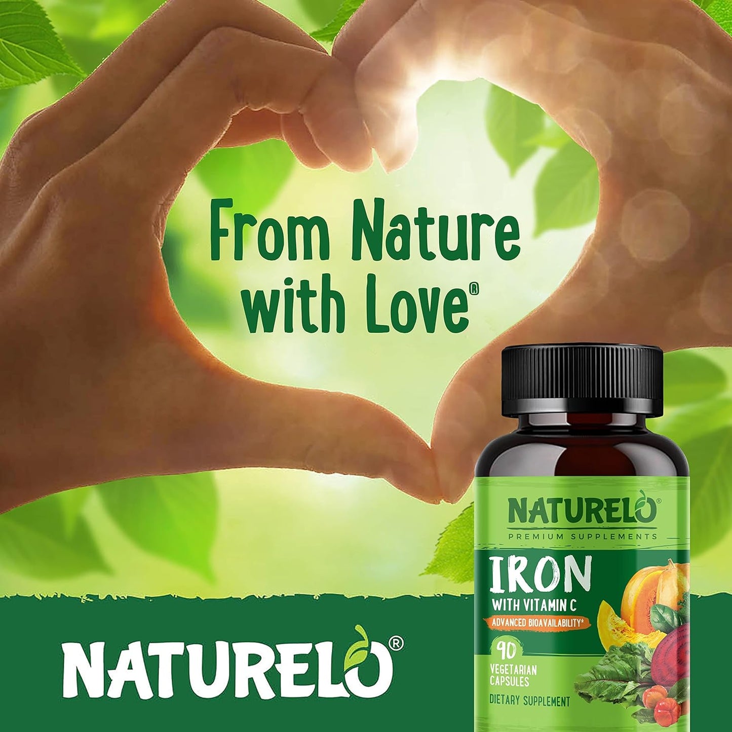 NATURELO Vegan Iron Supplement with Vitamin C and Organic Whole Foods - 90 capsules