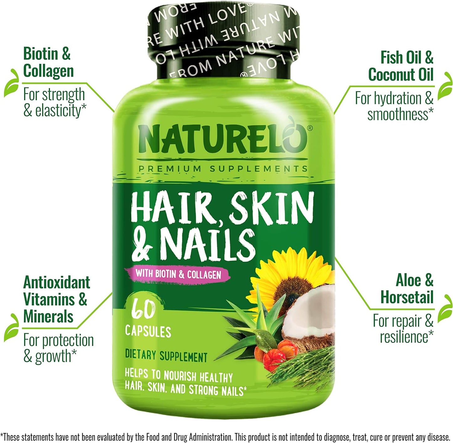 NATURELO Hair, Skin and Nails Vitamins - 5000 mcg Biotin, 60 capsules