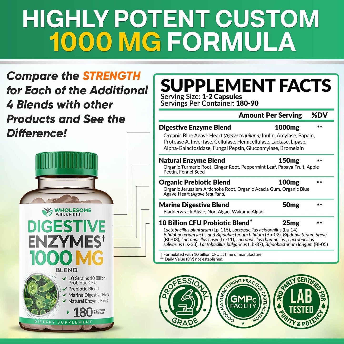 Wholesome Wellness Digestive Enzymes  Prebiotics & Probiotics Supplement 180 count