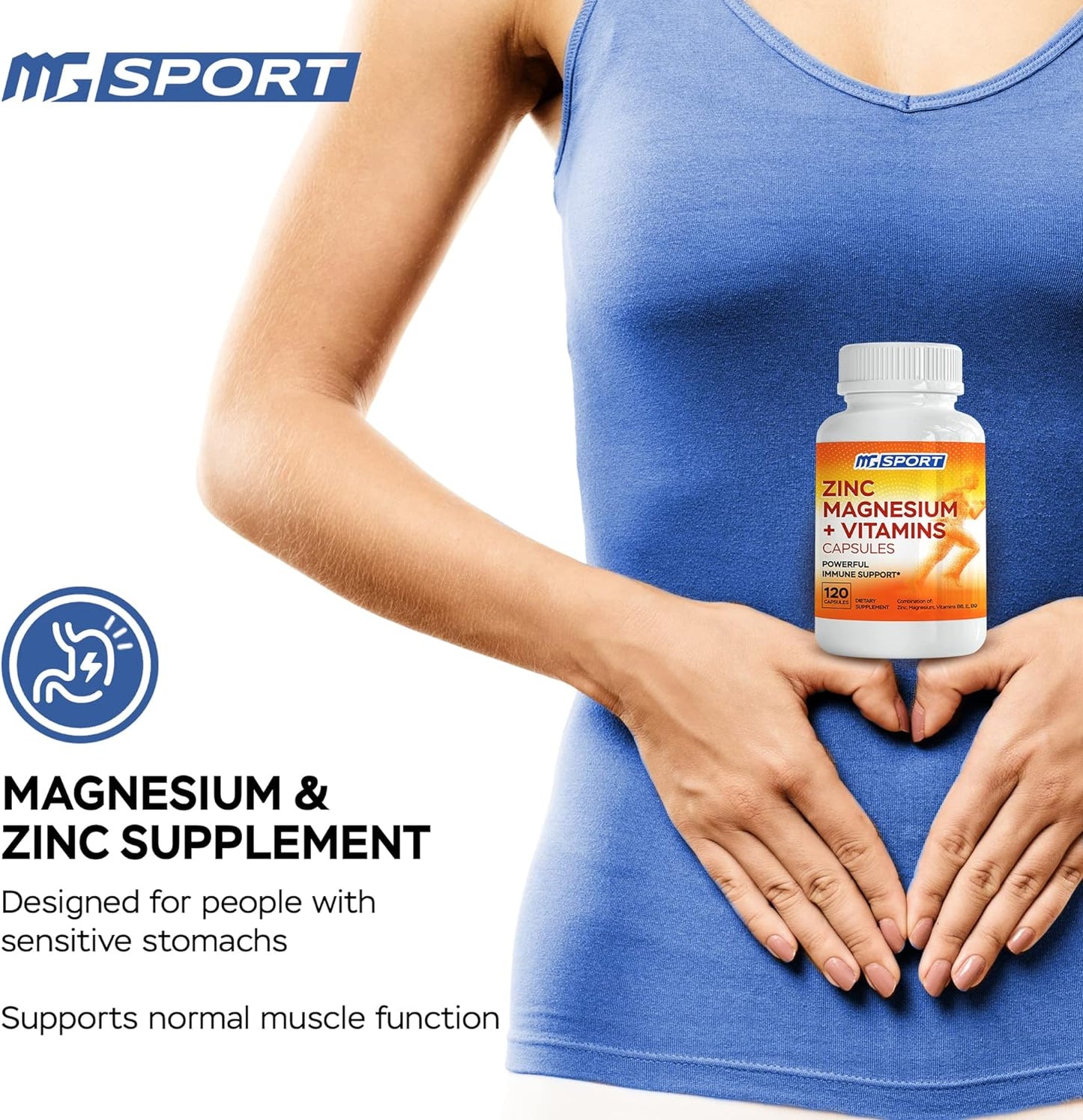 MgSport Magnesium and Zinc + Vitamins B6, B9, High Absorption 120 Capsules