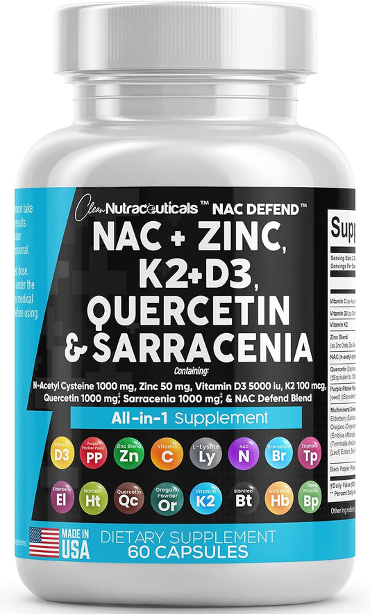 NAC Supplement N-Acetyl Cysteine Vitamin D3 K2 Zinc Quercetin Sarracenia 60 Count