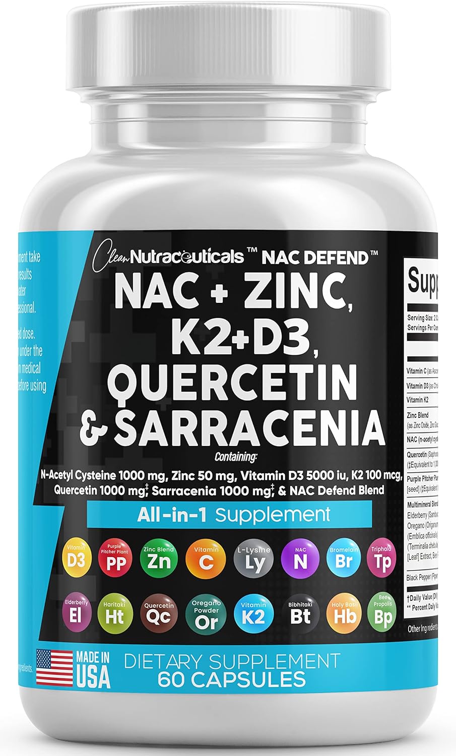 NAC Supplement N-Acetyl Cysteine Vitamin D3 K2 Zinc Quercetin Sarracenia 60 Count