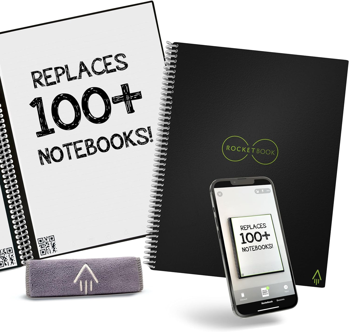 Rocketbook Core Reusable Smart Notebook Dotted, 8.5" x 11", 32 Pg, Infinity Black, with Pen, Cloth, and App Included