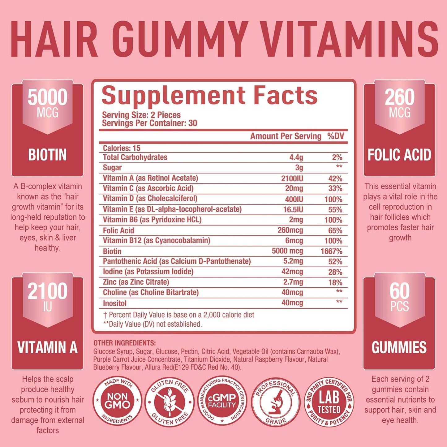 Premium Hair Vitamins Supplement  Vitamins w/Biotin, - 60 Gummy