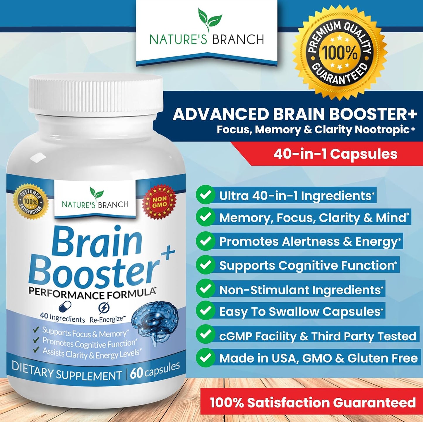 Brain Booster Supplement For Focus, Memory, Clarity, Energy 60 Capsules