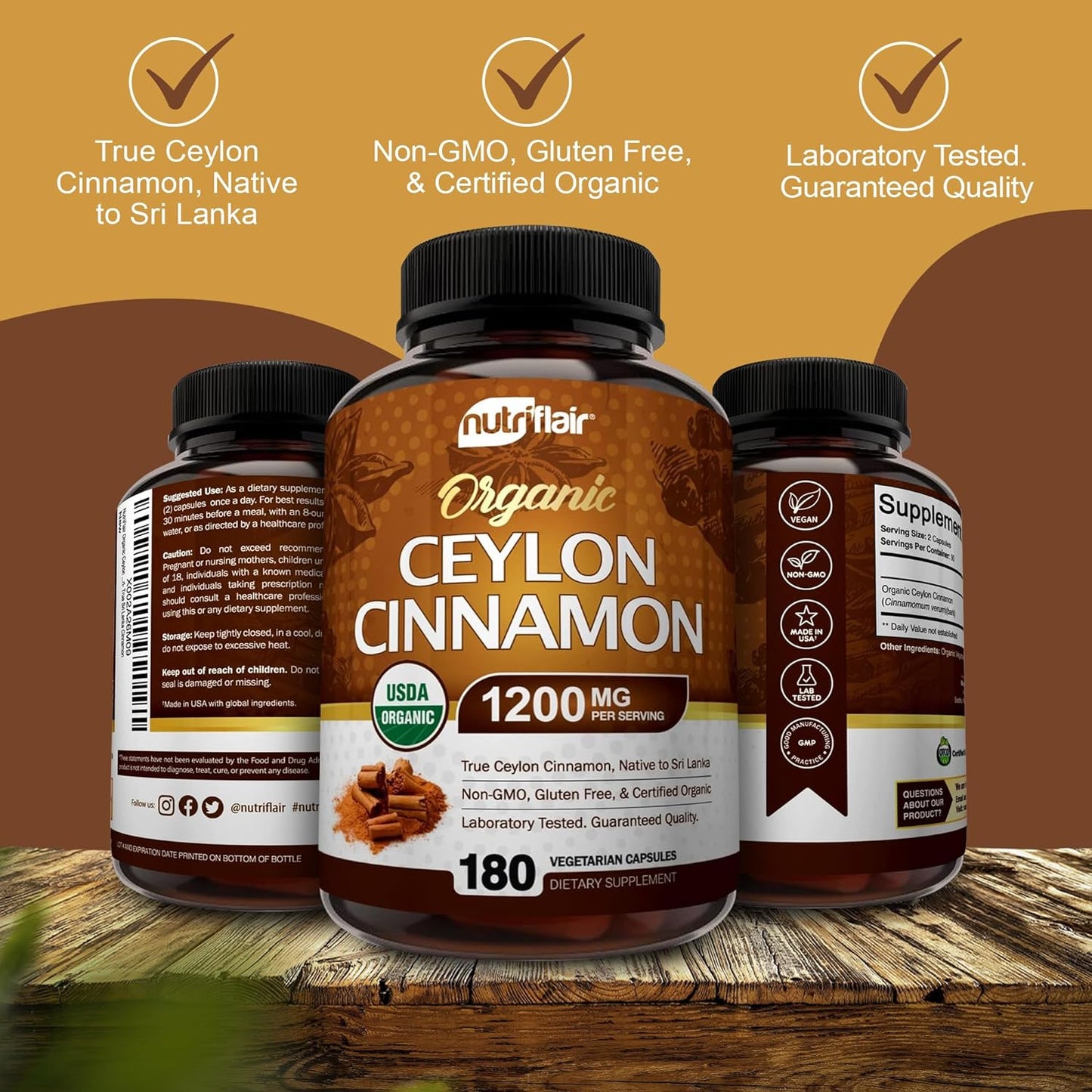 NutriFlair Organic Ceylon Cinnamon (100% Certified Organic Ceylon Cinnamon) 1200mg per Serving, 180 Capsules