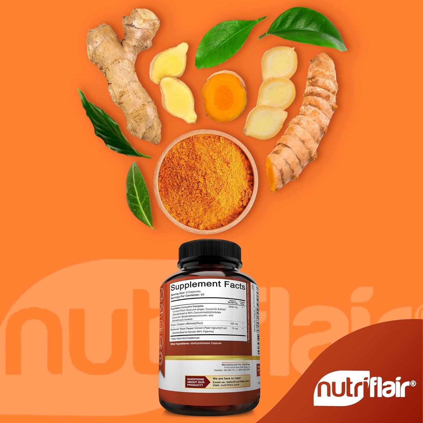 NutriFlair Turmeric Curcumin with Ginger and BioPerine Black Pepper  180 Capsules