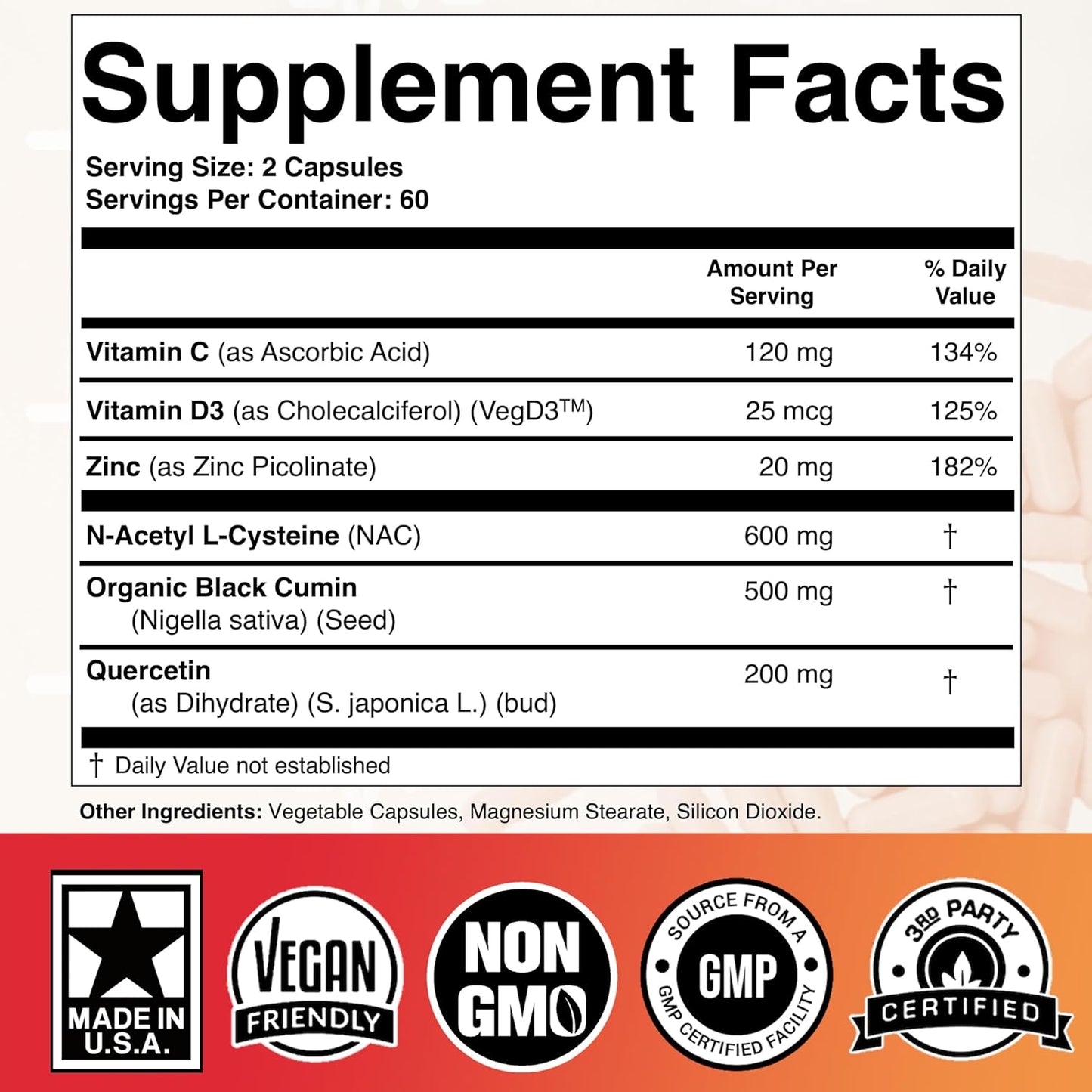 NAC 600mg Black Seed 500mg Zinc Picolinate Quercetin Vitamin C Vitamin D3 Respiratory Support- 120 capsules