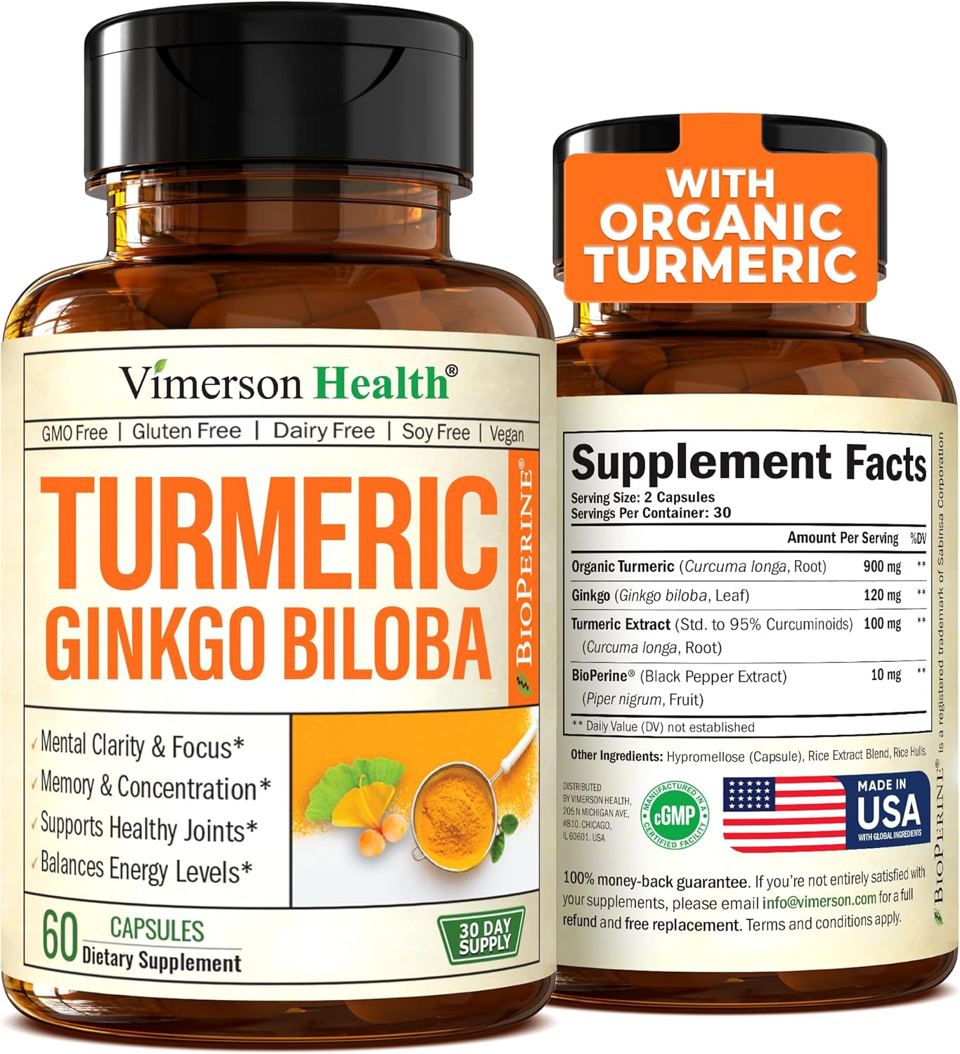 Turmeric Curcumin & Ginkgo Biloba Supplements with Bioperine Black Pepper -60 capsules