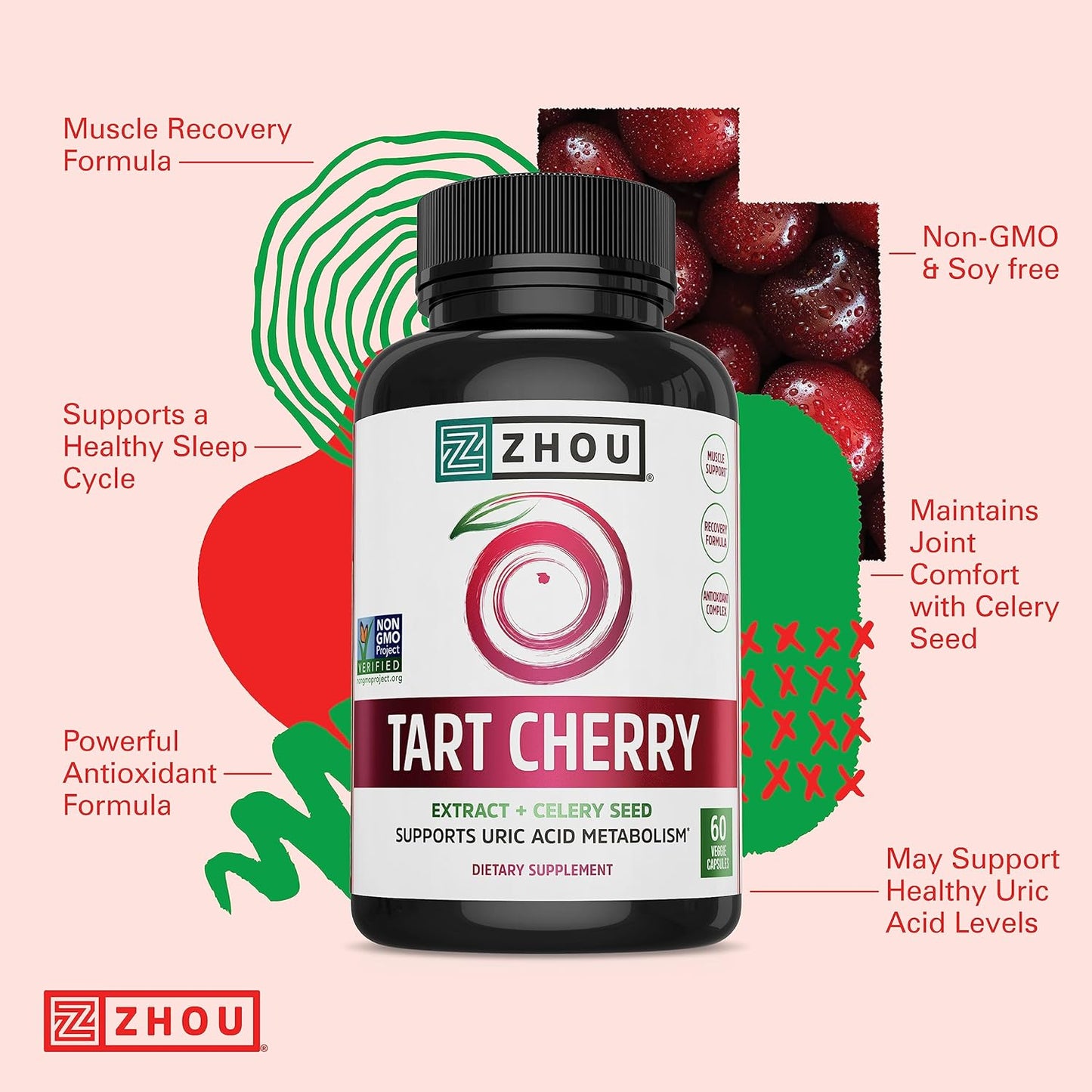 Zhou Tart Cherry Extract with Celery Seed Advanced Uric Acid  60 Veggie Caps