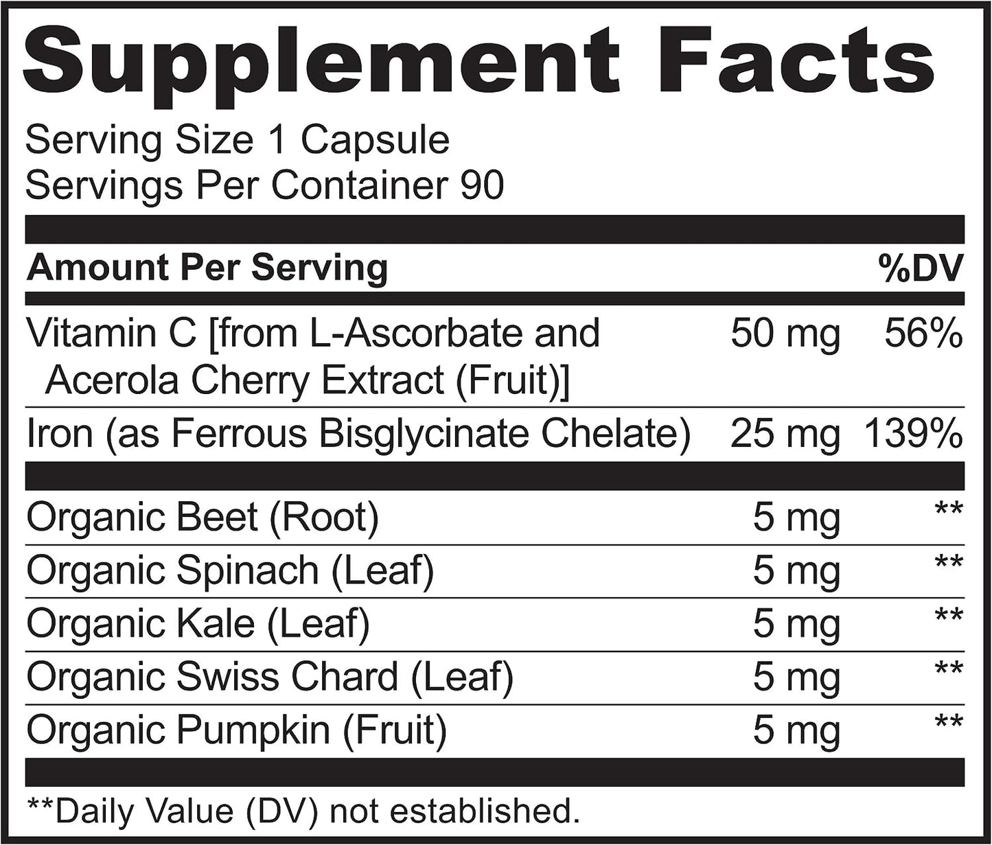 NATURELO Vegan Iron Supplement with Vitamin C and Organic Whole Foods - 90 capsules