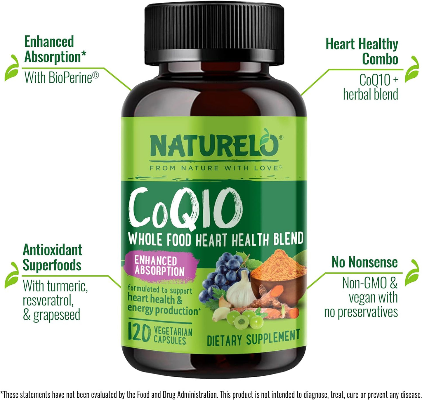 NATURELO Whole Food CoQ10 with Heart Health Blend, 120 capsules