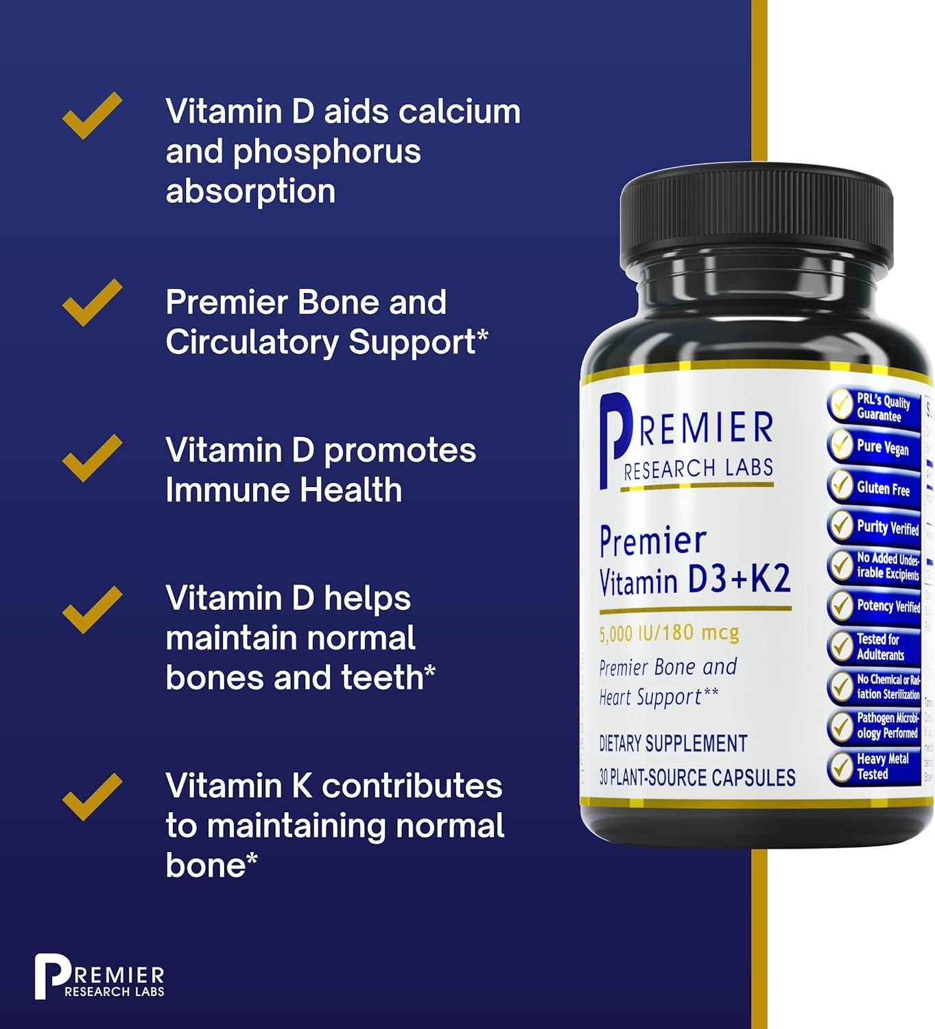 Premier Research Labs: Vitamin D3 + K2 Supplements  -30 Plant-Source Based Capsules