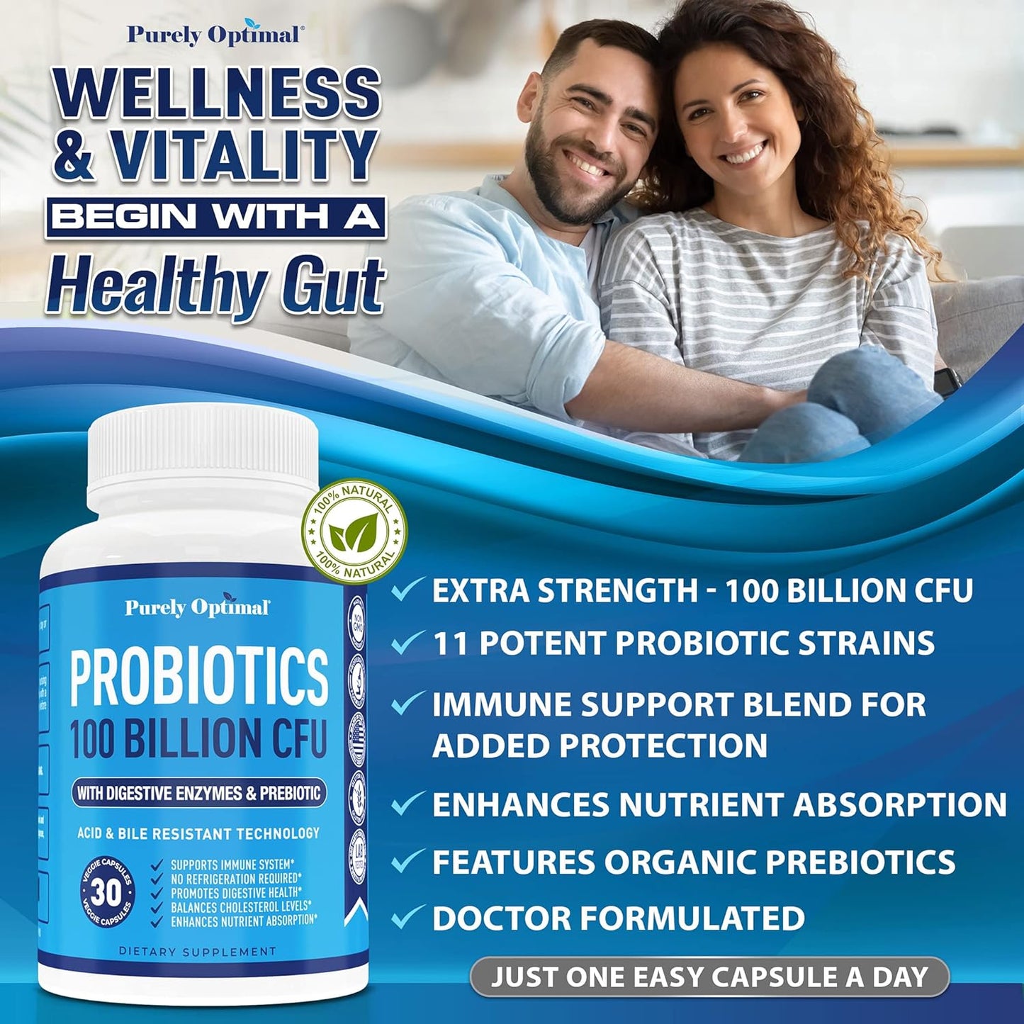 Purely Optimal Premium Probiotics 100 Billion CFU w/Digestive Enzymes