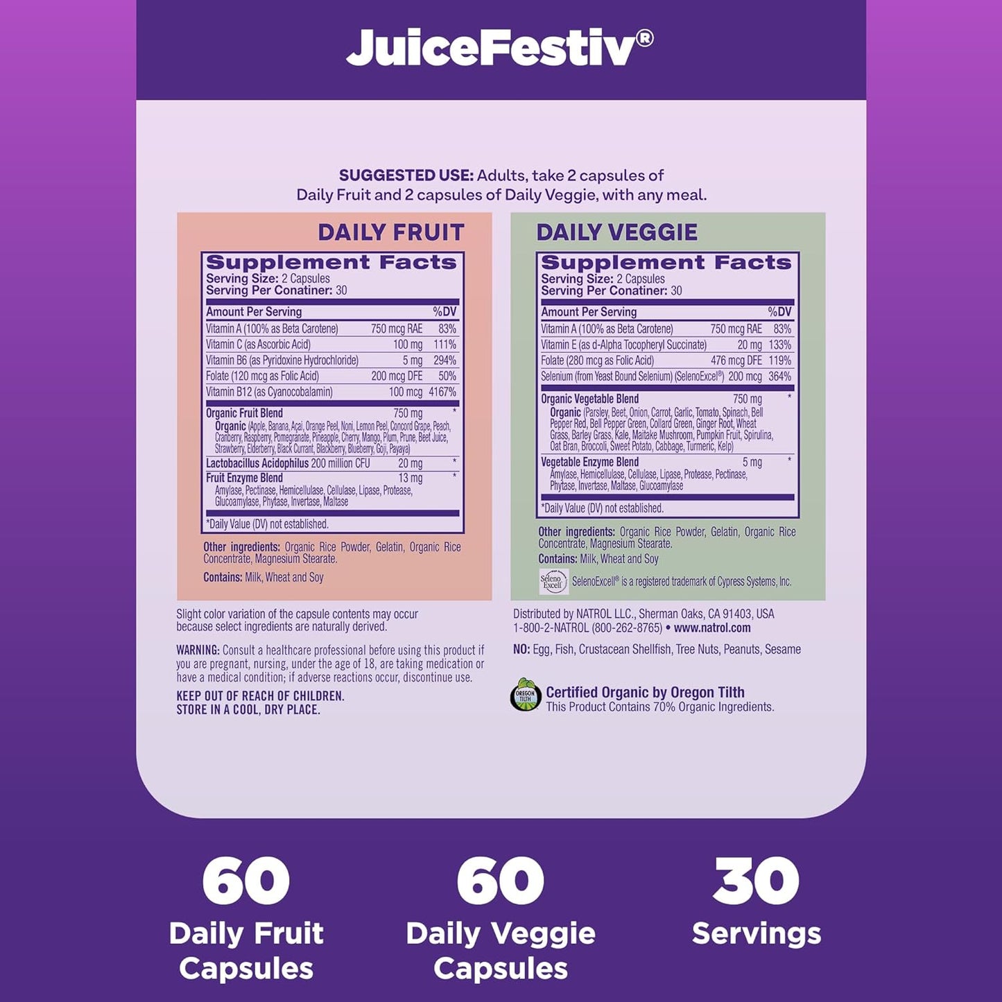 Natrol JuiceFestiv Daily Fruit & Veggie 60 Capsules (Pack of 2)