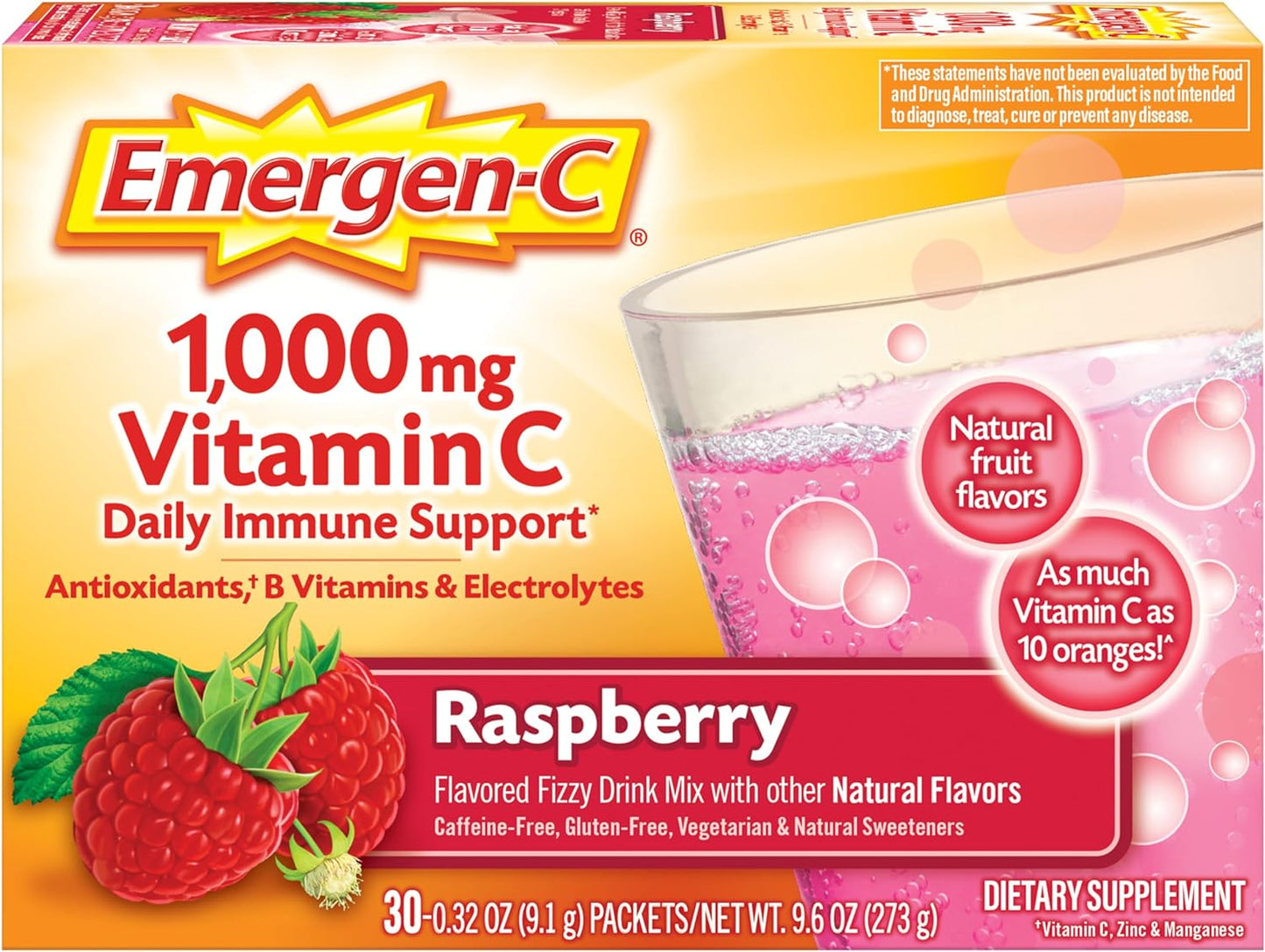 Emergen-C 1000mg Vitamin C Powder, with Antioxidants, B Vitamins and Electrolytes, Supplements for Immune Support, Caffeine Free Fizzy Drink Mix, Raspberry Flavor - 30 Count