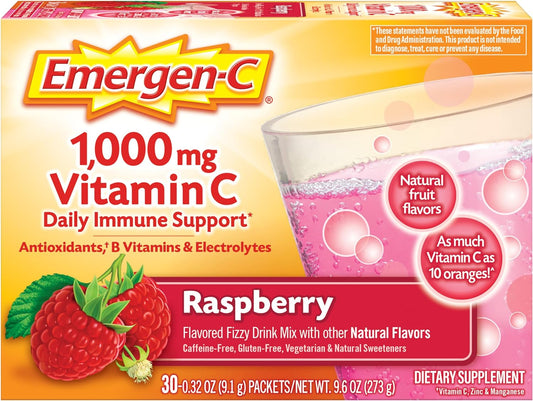 Emergen-C 1000mg Vitamin C Powder, with Antioxidants, B Vitamins and Electrolytes, Supplements for Immune Support, Caffeine Free Fizzy Drink Mix, Raspberry Flavor - 30 Count