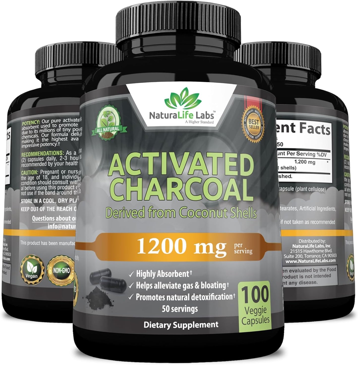 Activated Charcoal Capsules -  Highly Absorbent 100 Vegan Capsules