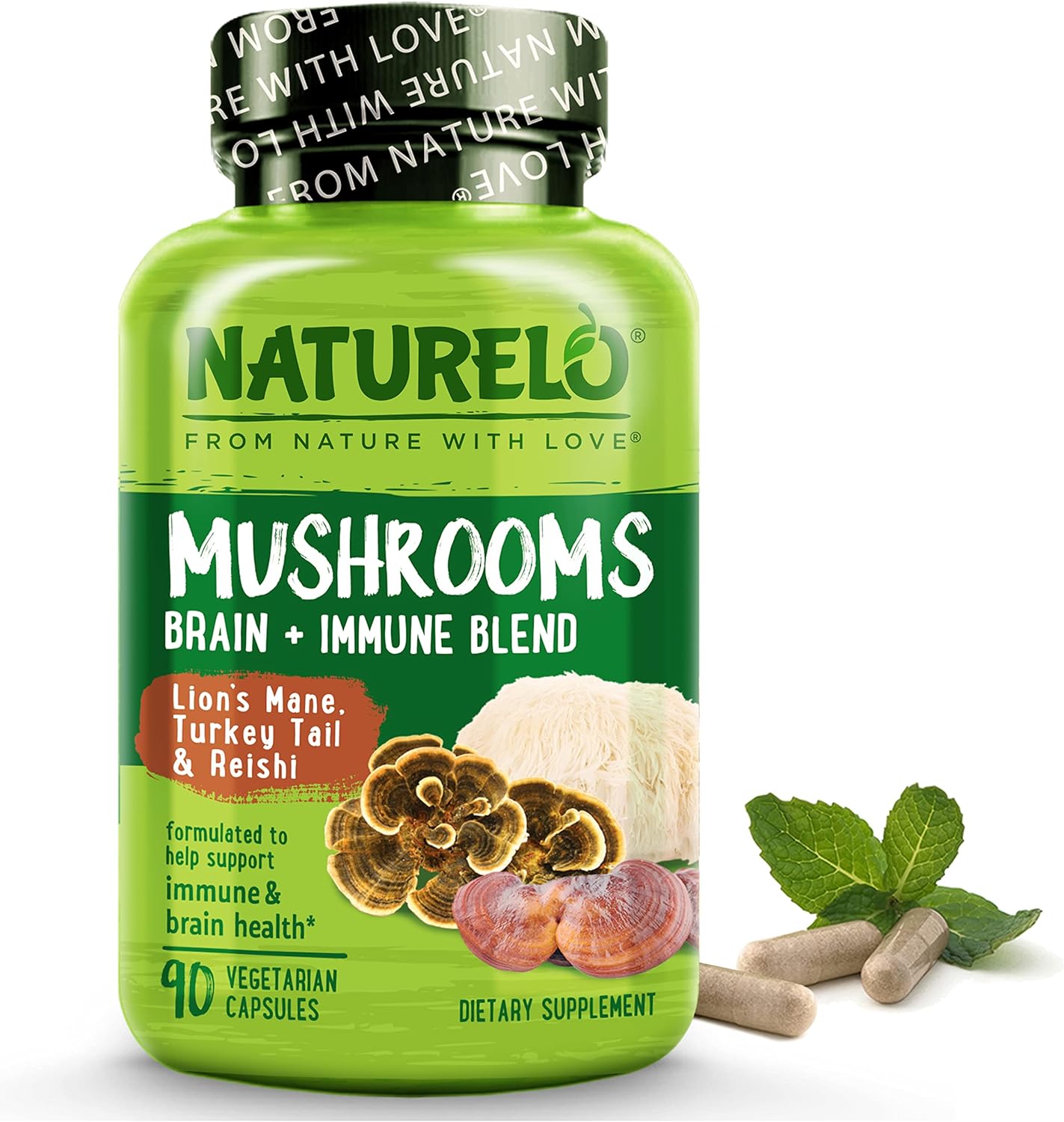 NATURELO Mushroom Supplement – Brain & Immune Health - 90 capsules