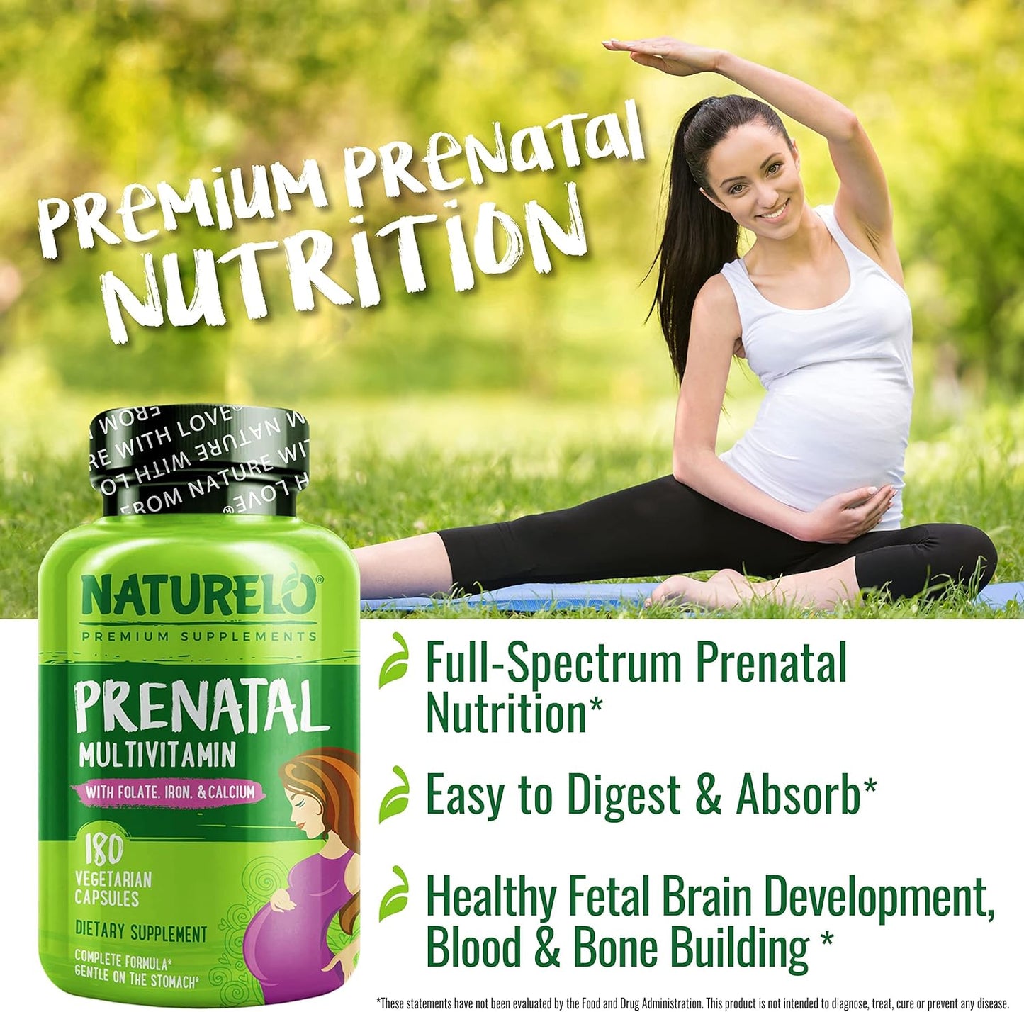 NATURELO Prenatal Multivitamin with Gentle Chelated Iron, Methyl Folate, Plant Calcium & Choline - 180 capsules