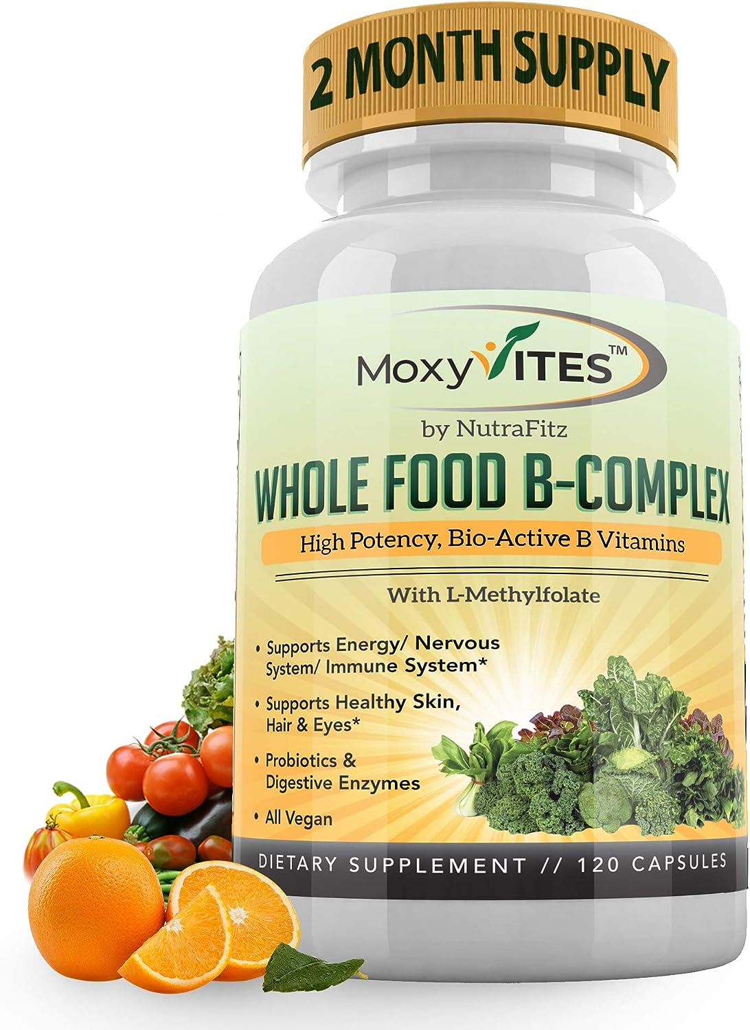 MoxyVites Vitamin B Complex - B Vitamins Whole Food Supplement 120 Capsules