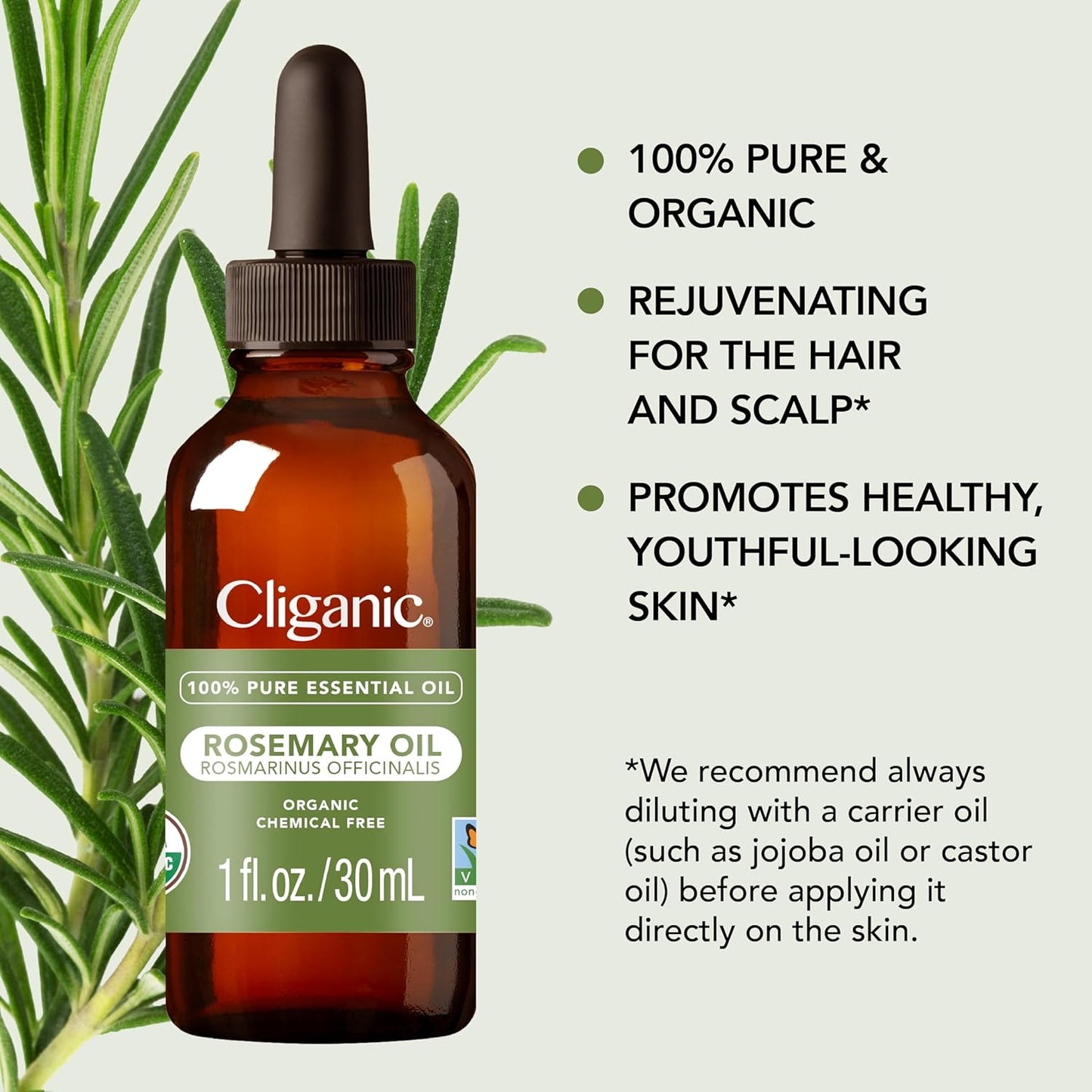 Cliganic Organic Rosemary Essential Oil for Hair, Skin, Aromatherapy - 100% Pure Natural Undiluted