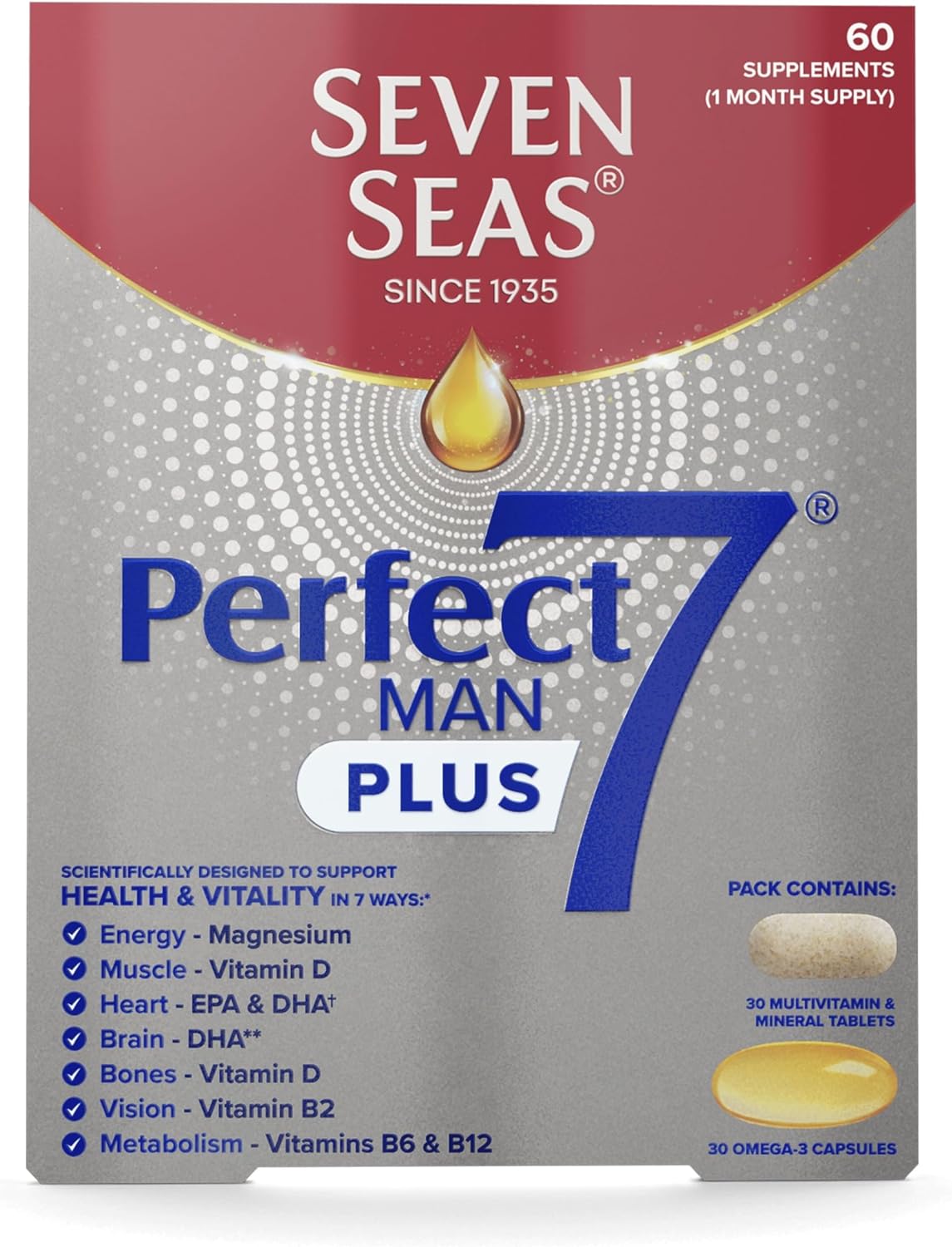 Seven Seas Perfect7 Man Plus, Multivitamin with Omega-3 and Vitamin D for Whole Body Health¹⁻⁷, 30 Tablets