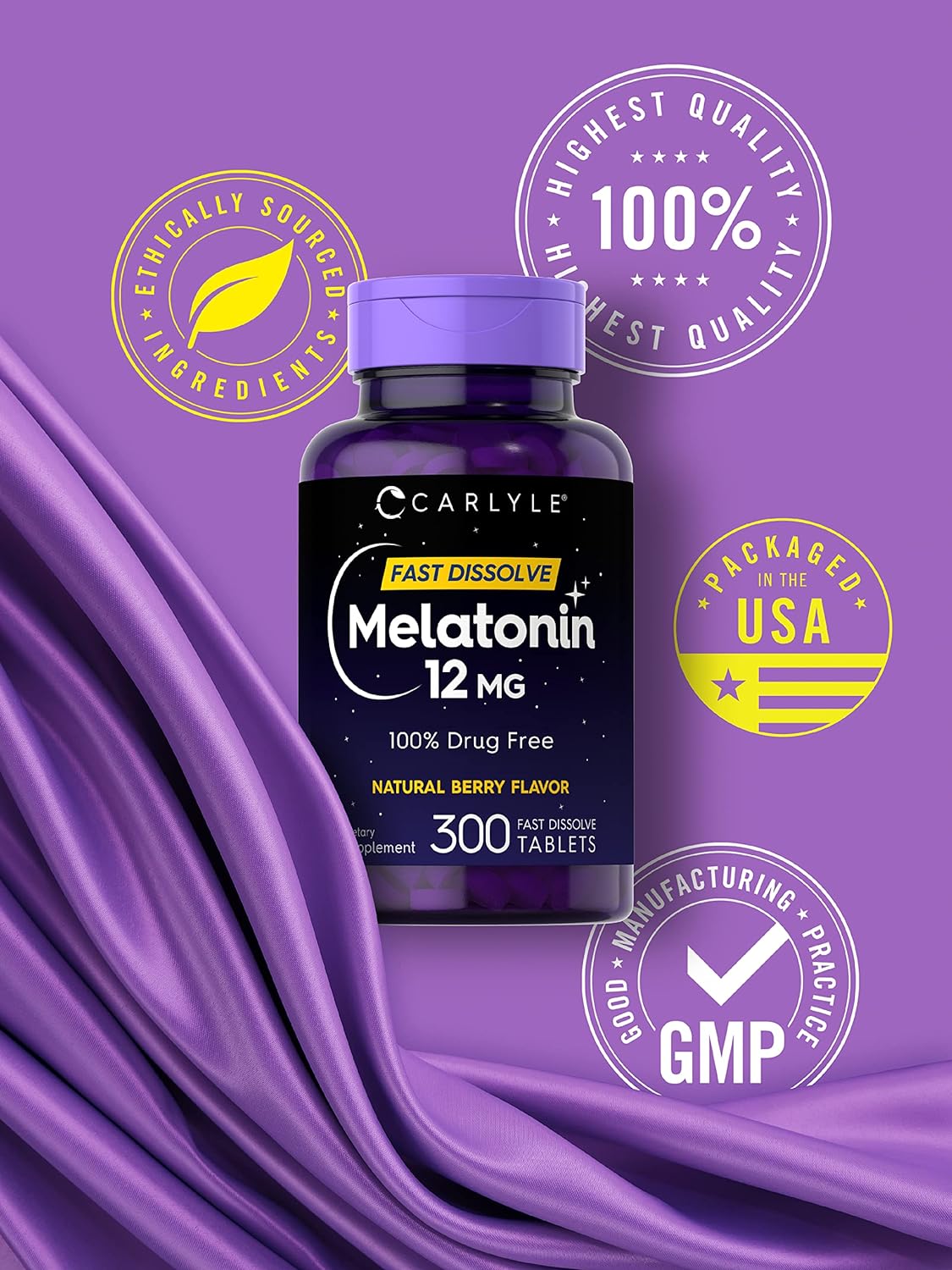 Carlyle Melatonin Natural Berry Flavor 12 mg Fast Dissolve 300 Tablets