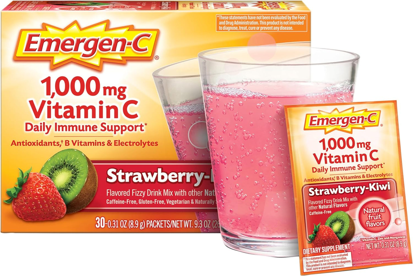 Emergen-C 1000mg Vitamin C Powder, with Antioxidants, B Vitamins and Electrolytes, Vitamin C Supplements for Immune Support, Caffeine Free Fizzy Drink Mix, Strawberry Kiwi Flavor - 30 Count