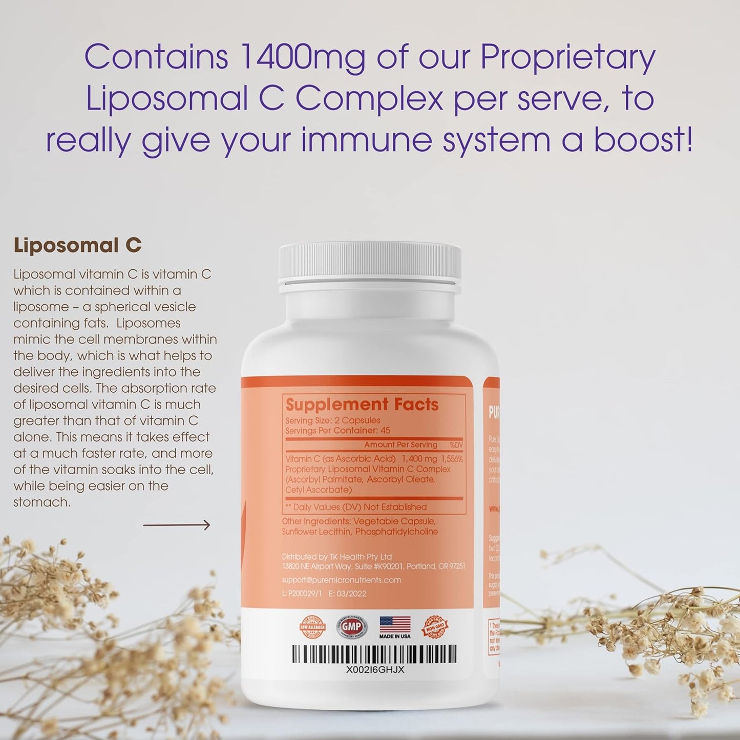 Pure Micronutrients Pure Liposomal Vitamin C - 1400mg Supplement - 90 Capsules