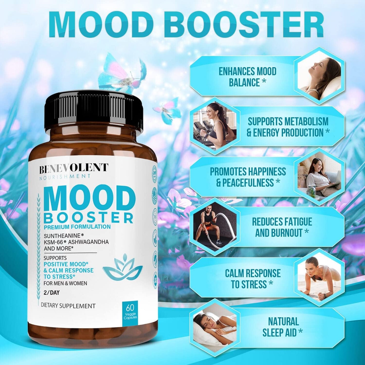 Calm Mood Booster Supplement - Natural Happy Pills for Stress, - 60 Count