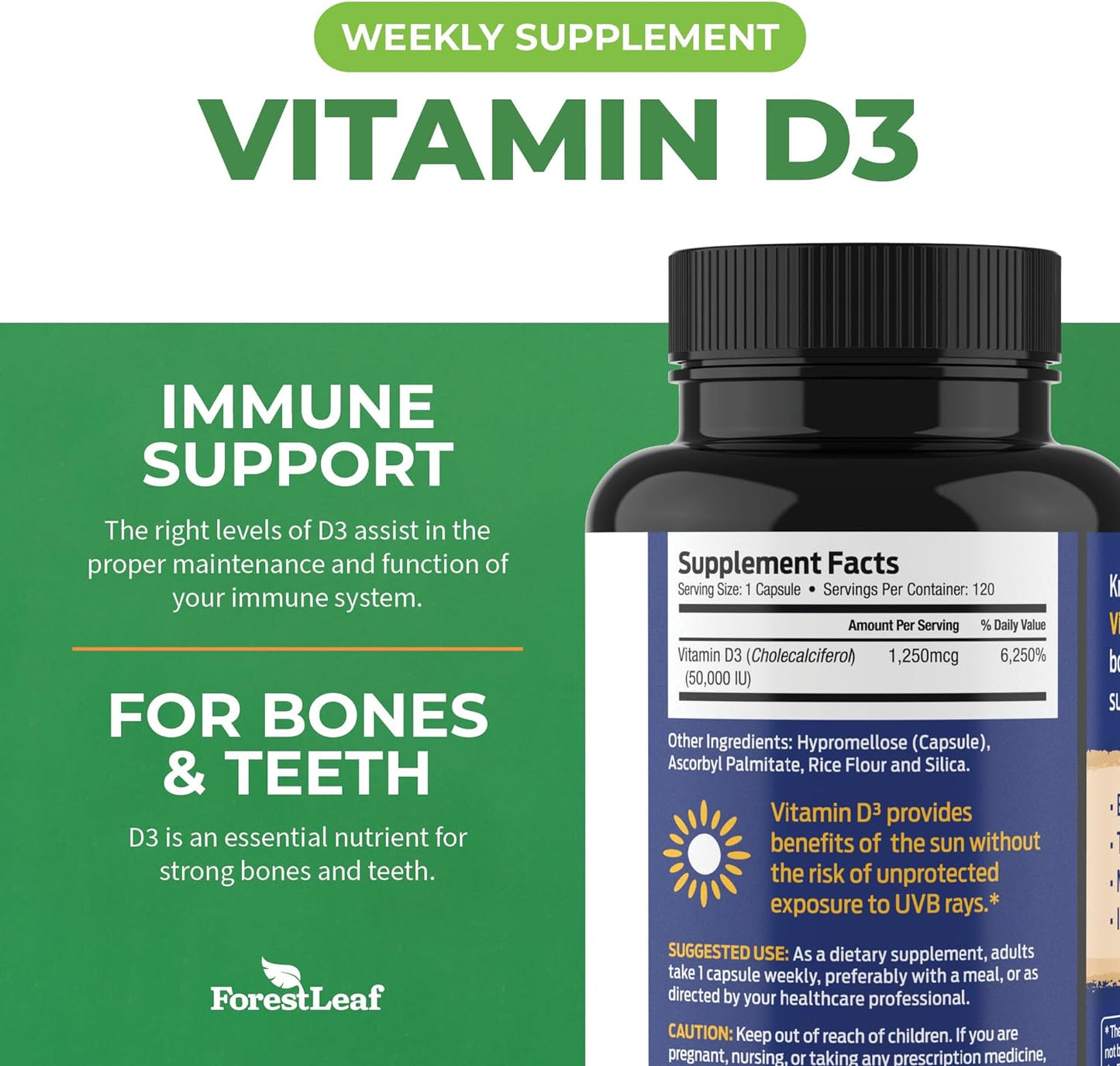 ForestLeaf Vitamin D3 50000 IU - Bone Health and Immune Support 120 Count