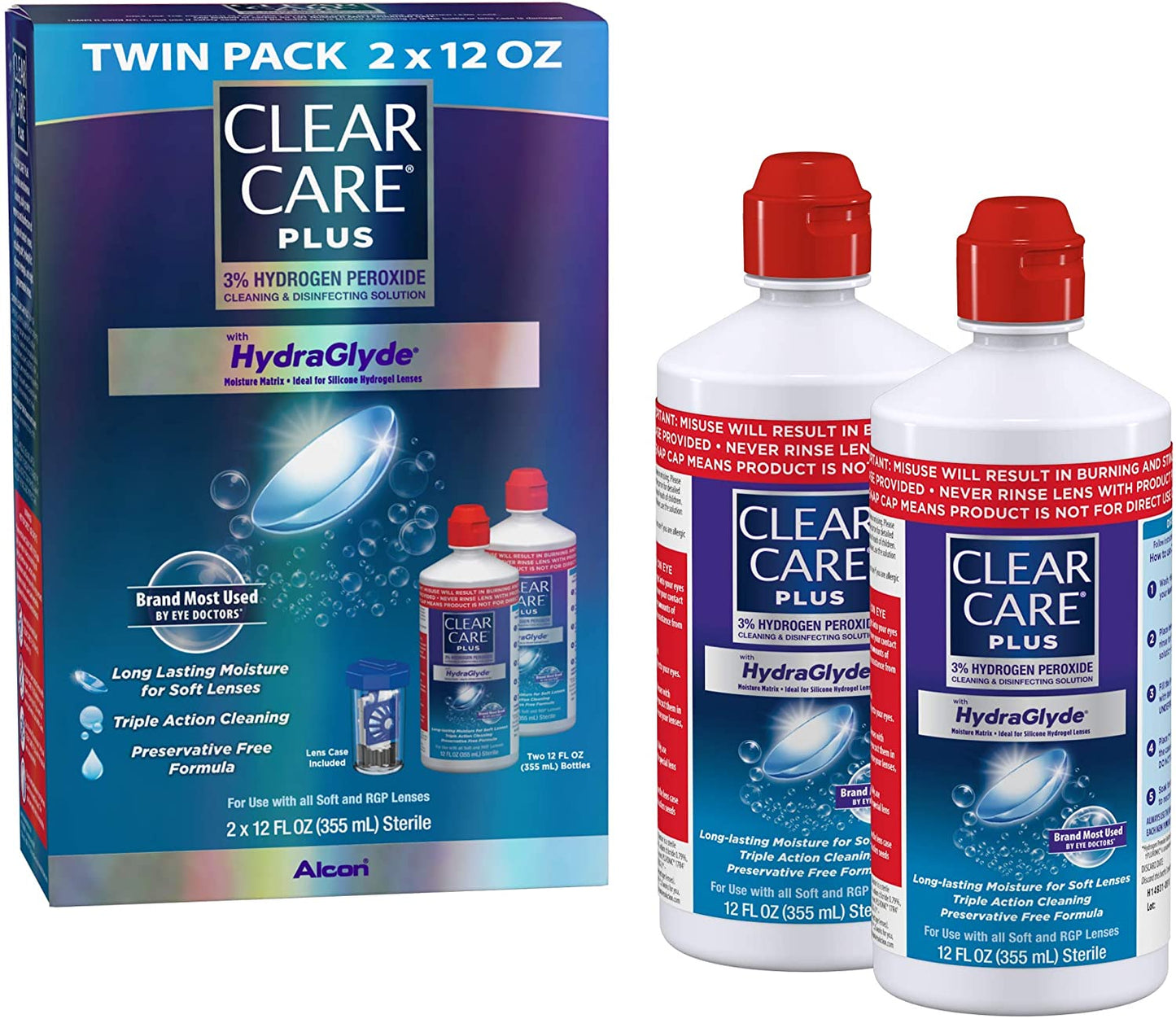 Clear Care Plus Cleaning Solution with Lens Case, Twin Pack, Multi, 12 Oz, Pack of 2