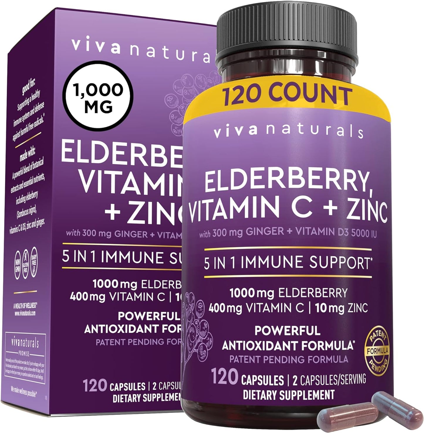 Viva Naturals Elderberry with Vitamin C and Zinc for Adults 120 capsules