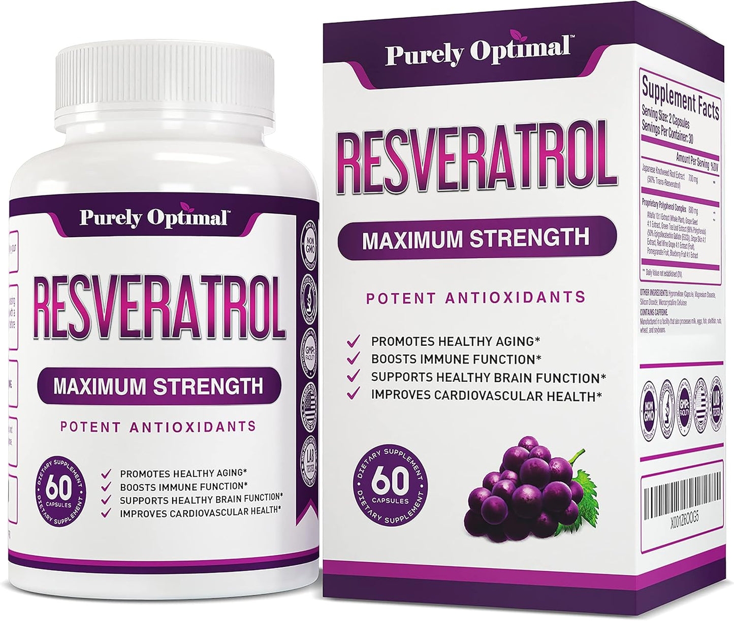 Purely Optimal Premium Resveratrol Supplement 1500mg - 60 capsules