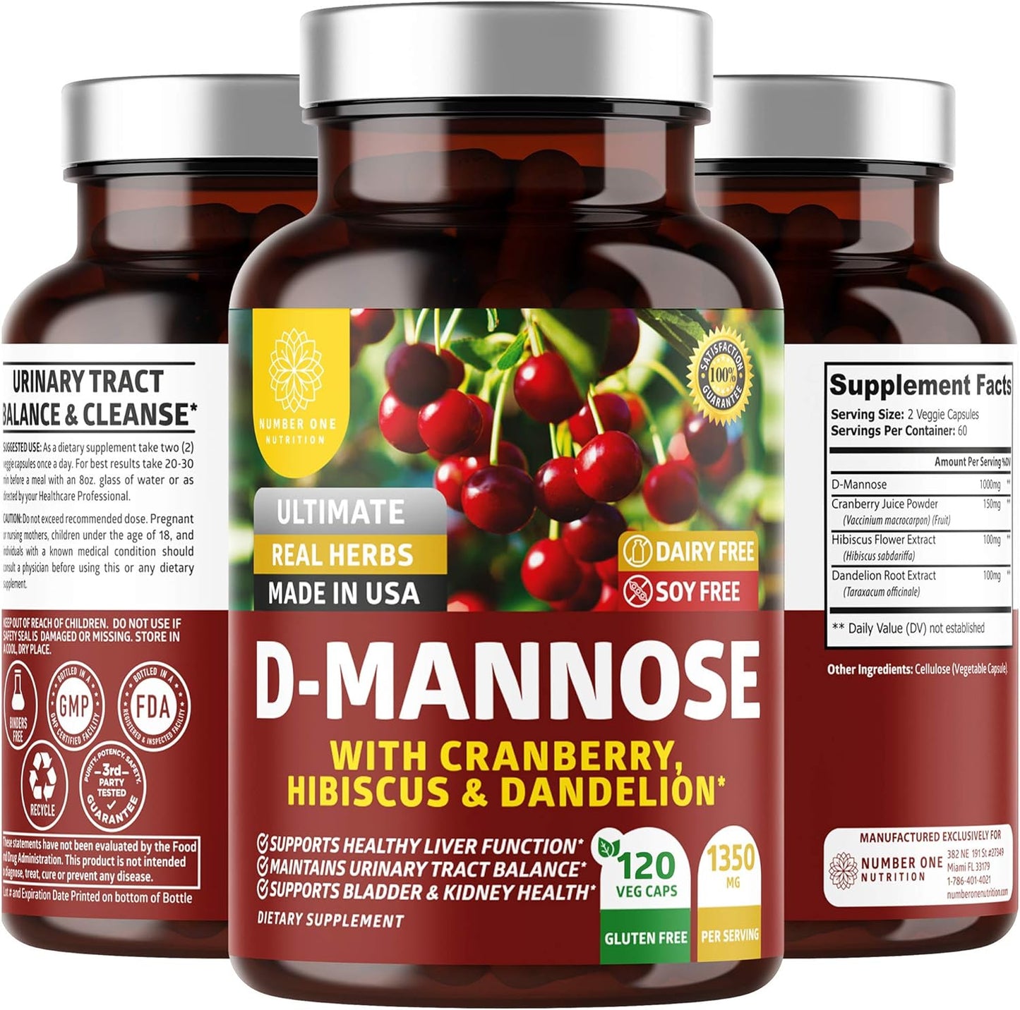 Number One Nutrition Premium D Mannose with Cranberry 120 Veg Caps