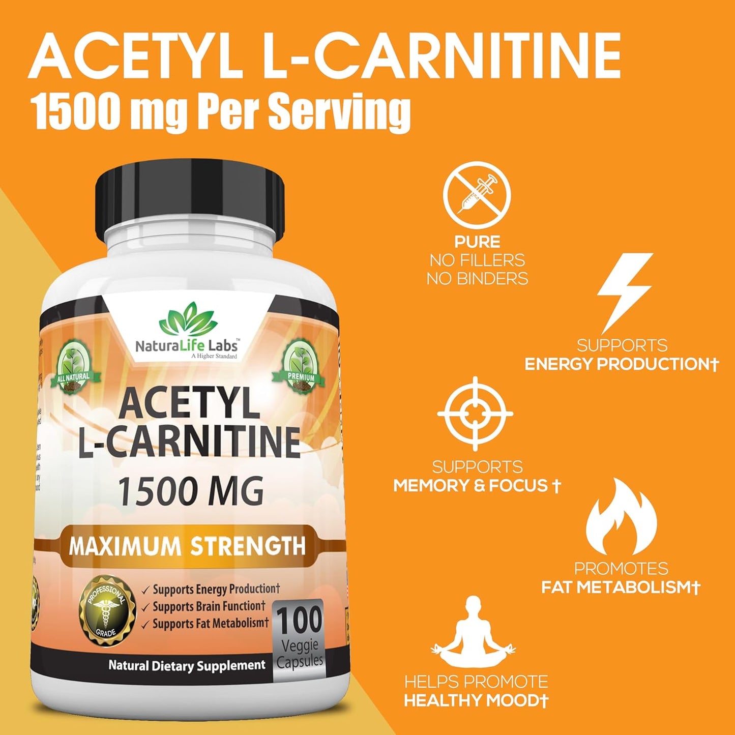 Acetyl L-Carnitine 1,500 mg High Potency Supports 100 Veggie Capsules