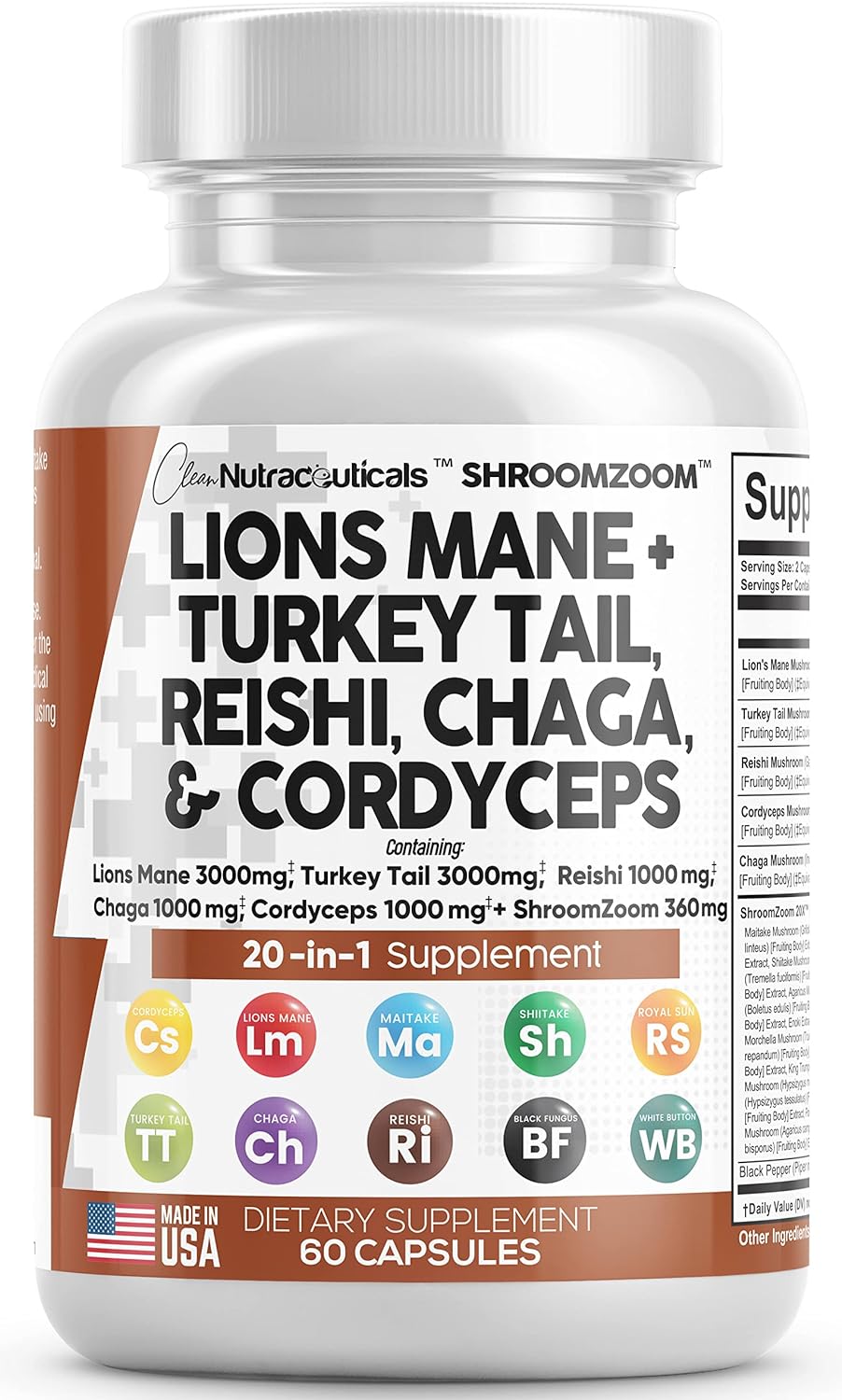 Lions Mane  Mushroom  with Turkey Tail Reishi Cordyceps 60 Count