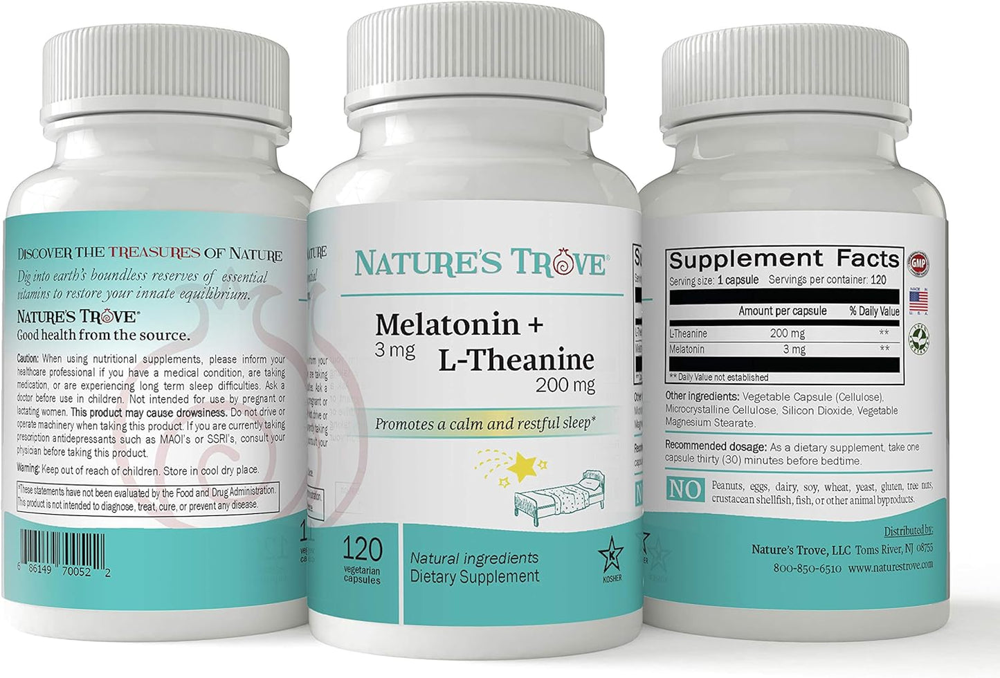 Nature's Trove Melatonin 3mg + L Theanine 200mg 120 Vegetarian Capsules