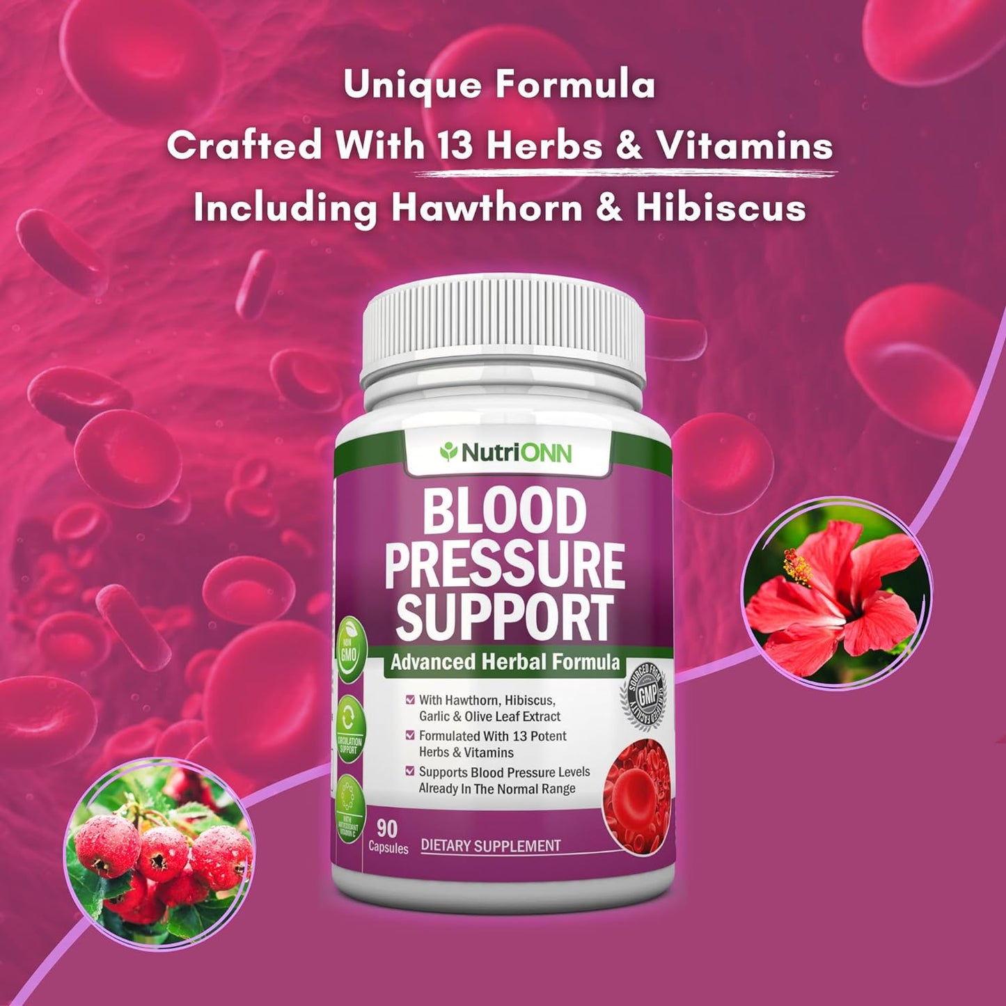 Blood Pressure Support Supplement - 13 Herbs & Vitamins - 90 capsules