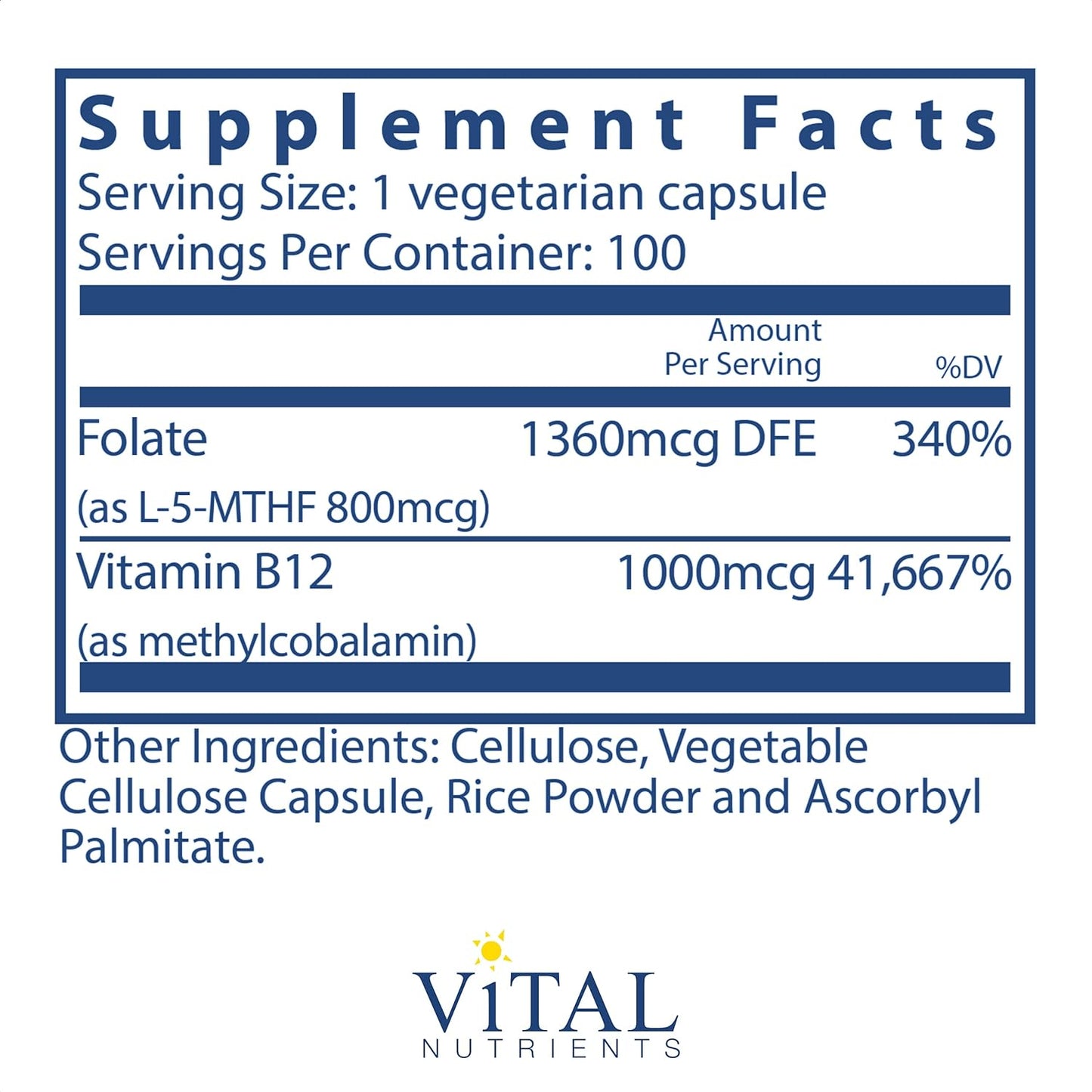 Vital Nutrients Vitamin B12 and Methyl Folate  100 Capsules