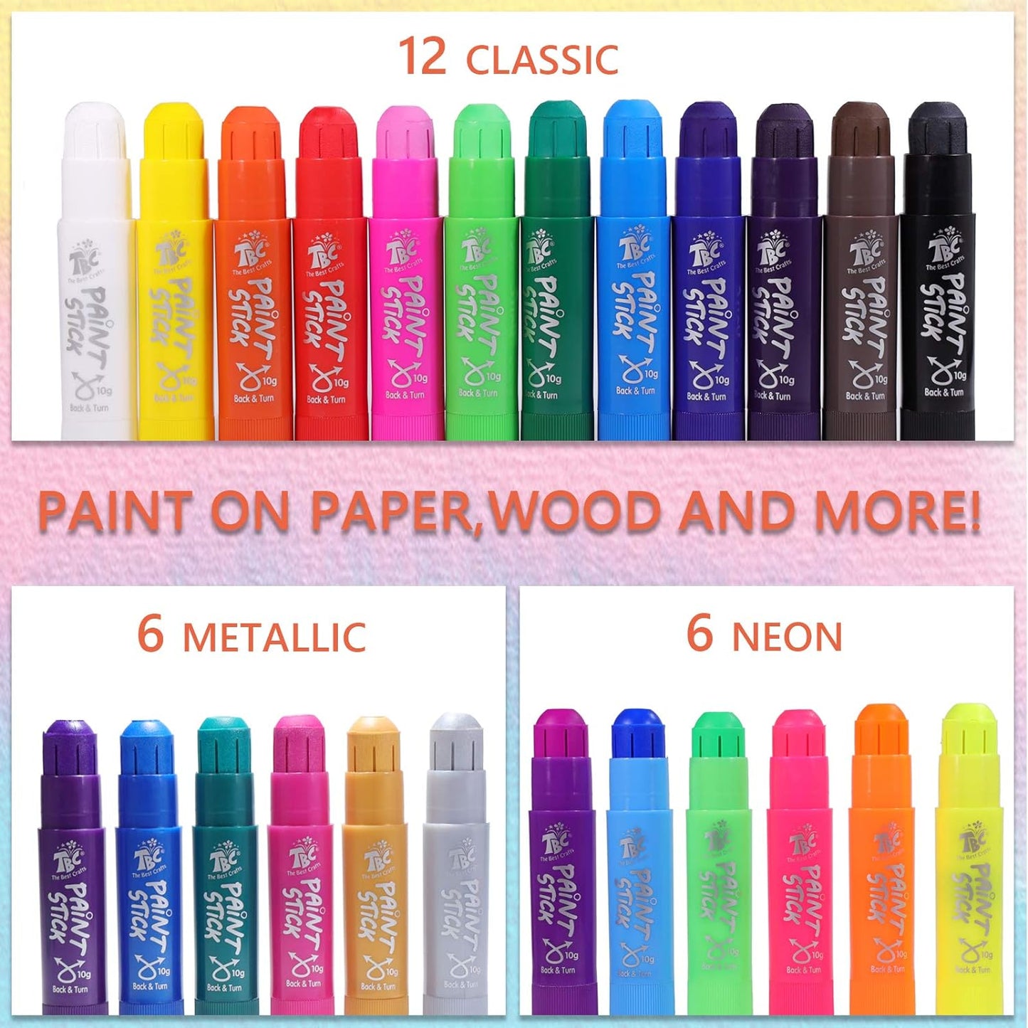 TBC The Best Crafts Paint Sticks,24 Classic Colors, Washable Paint