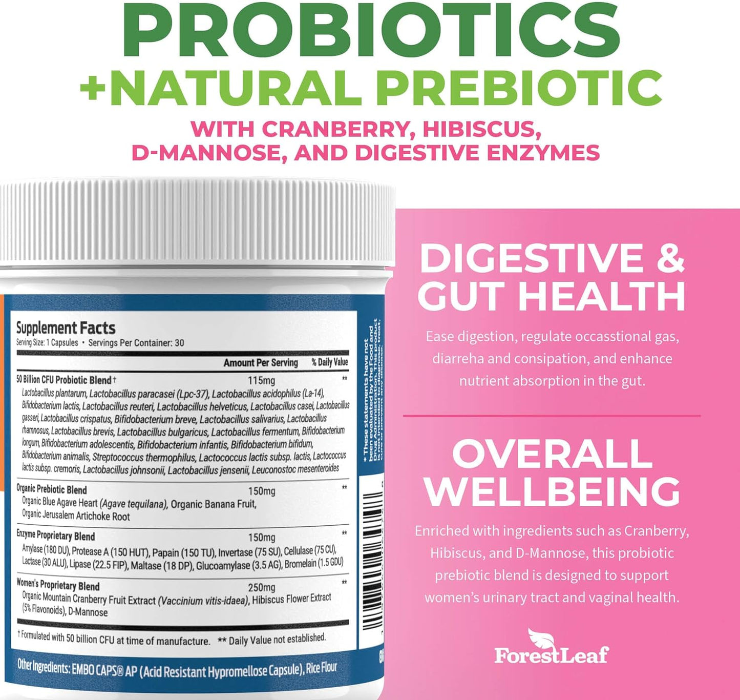 ForestLeaf Womens Probiotic 50 Billion CFU with Organic Prebiotics - 30 Caps