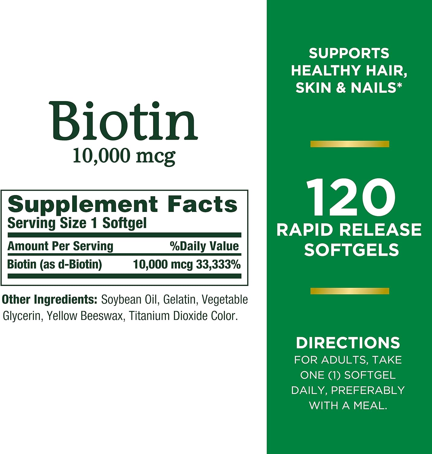 Nature's Bounty Biotin, Supports Healthy Hair, Skin and Nails, 10,000 mcg, Rapid Release Softgels, 120 Ct