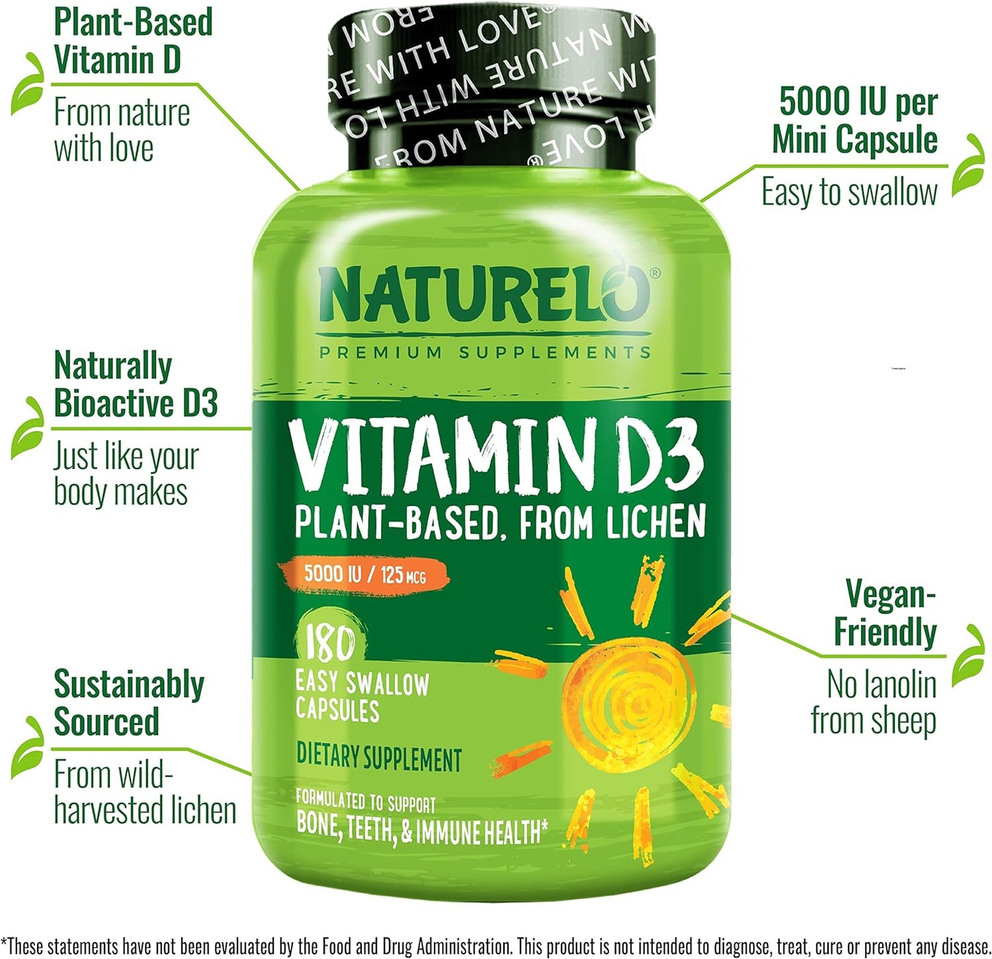 NATURELO Vitamin D - 5000 IU - Plant Based from Lichen - 180 count